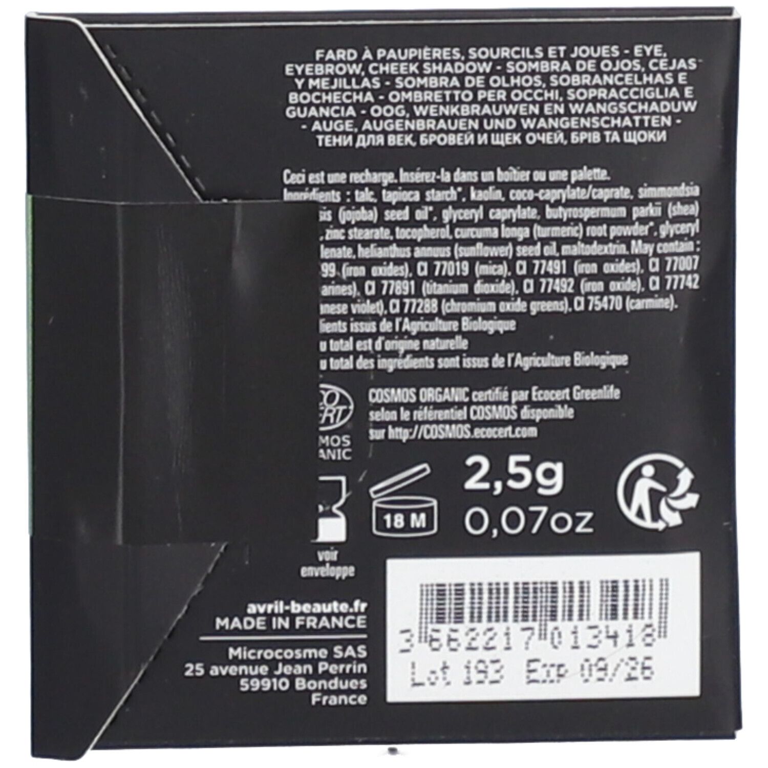 Rückseite der schwarzen quadratischen Verpackung. Text: Inhaltsstoffe, COSMOS ORGANIC-Zertifizierung, 2,5g, 0,07oz, 18M.