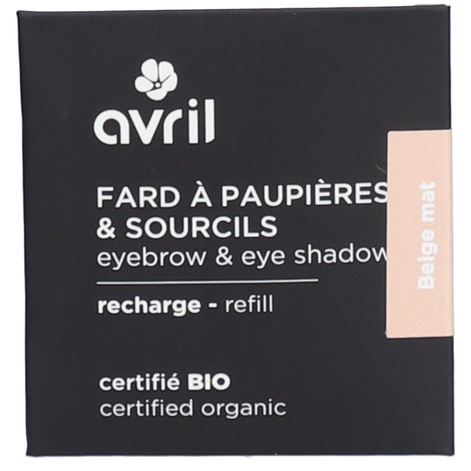 Schwarze quadratische Verpackung. Weißer Schriftzug: Avril, Fard à paupières & sourcils, zertifiziert BIO. Beige Farbkarte.