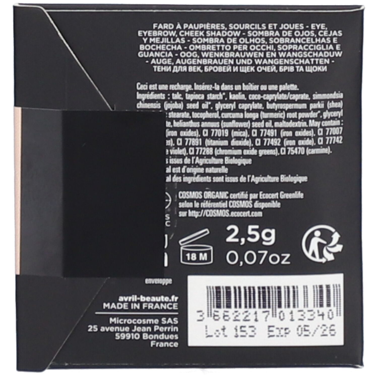 Rückseite der schwarzen Verpackung. Text mit Inhaltsstoffen, 2,5g, 0,07oz. COSMOS ORGANIC-Zertifizierung. Haltbarkeit 18M.