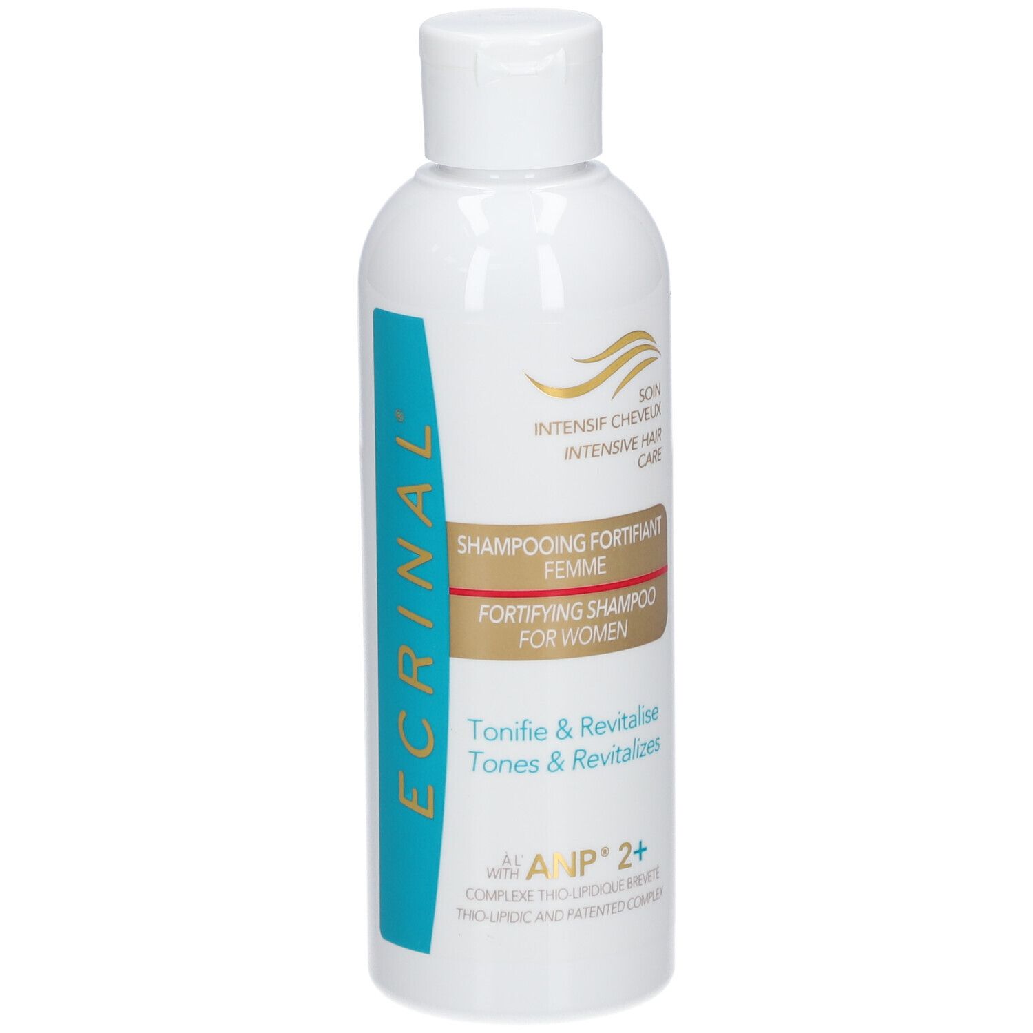 Weißes Shampoo-Fläschchen mit Produktbezeichnung. Aufschrift: Shampoo fortifiant femme, ECRINAL.