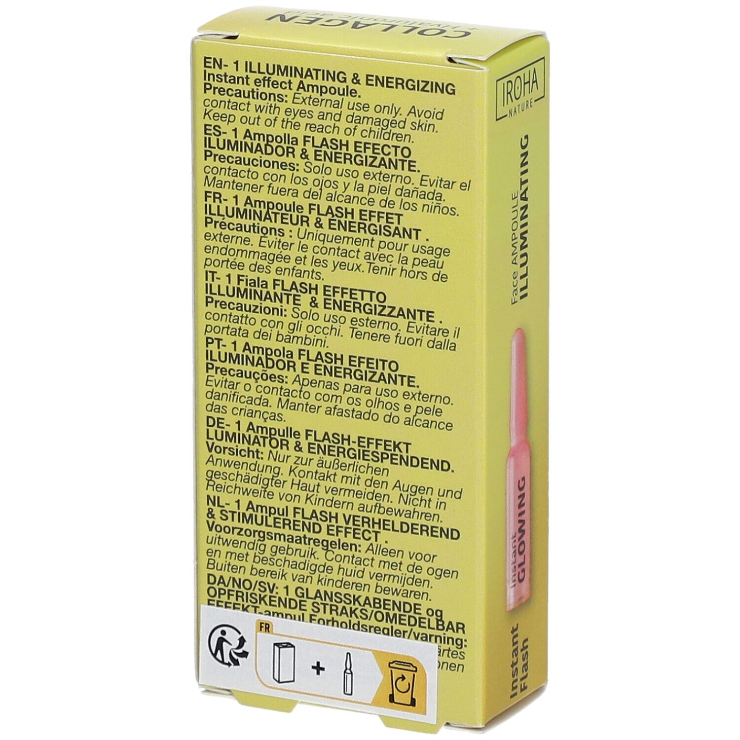 Rückseite der gelben Schachtel mit Text in mehreren Sprachen. Eine Ampulle ist abgebildet.