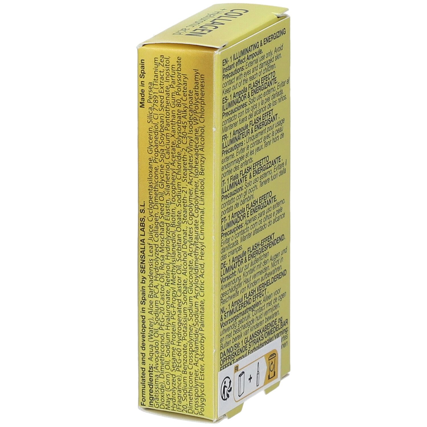 Gelbe Schachtel mit Text. Enthält Inhaltsstoffe und Herkunft. Hergestellt in Spanien.