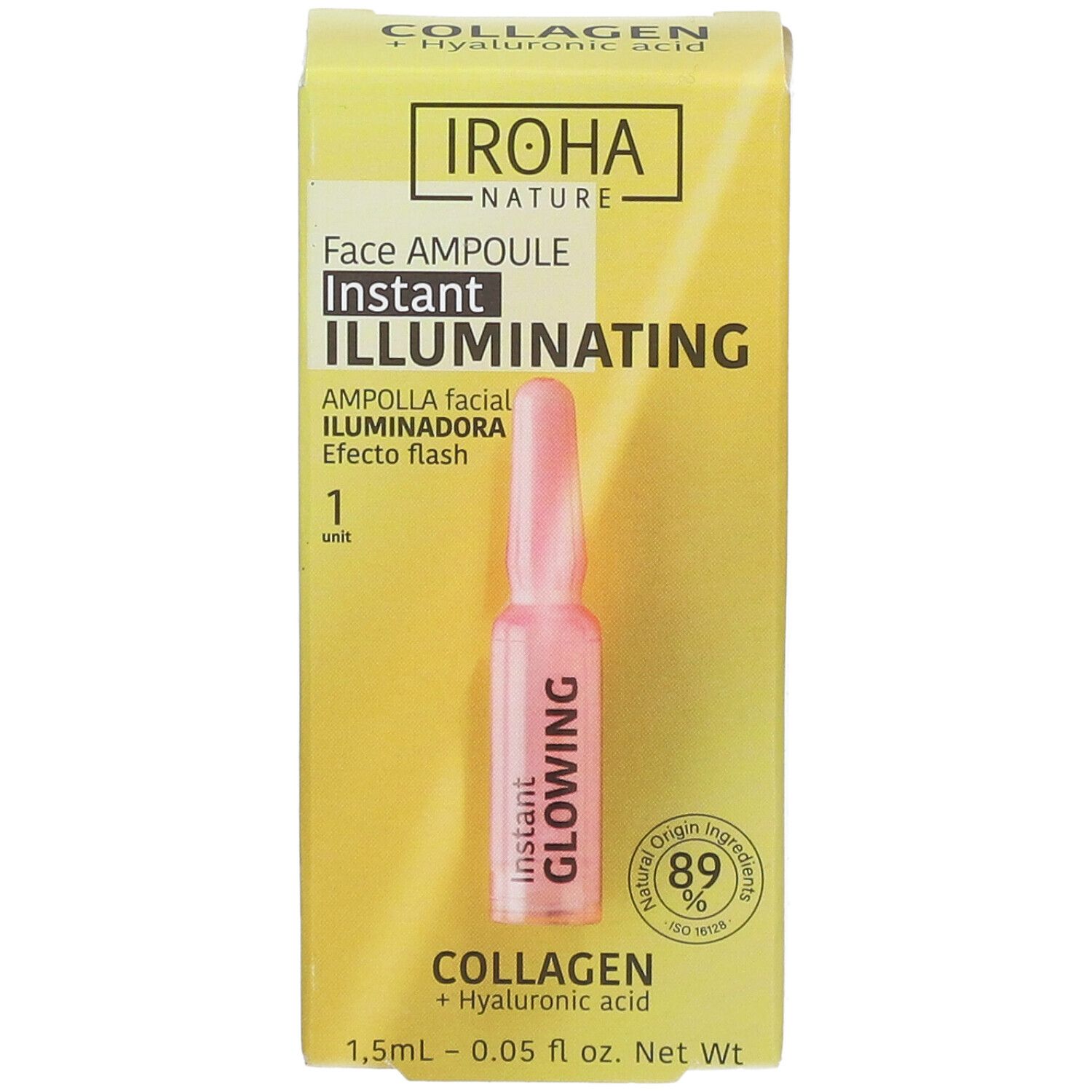 Gelbe Schachtel mit IROHA Nature Face Ampulle. Eine Ampulle ist sichtbar. Text: Instant Glowing, Collagen.