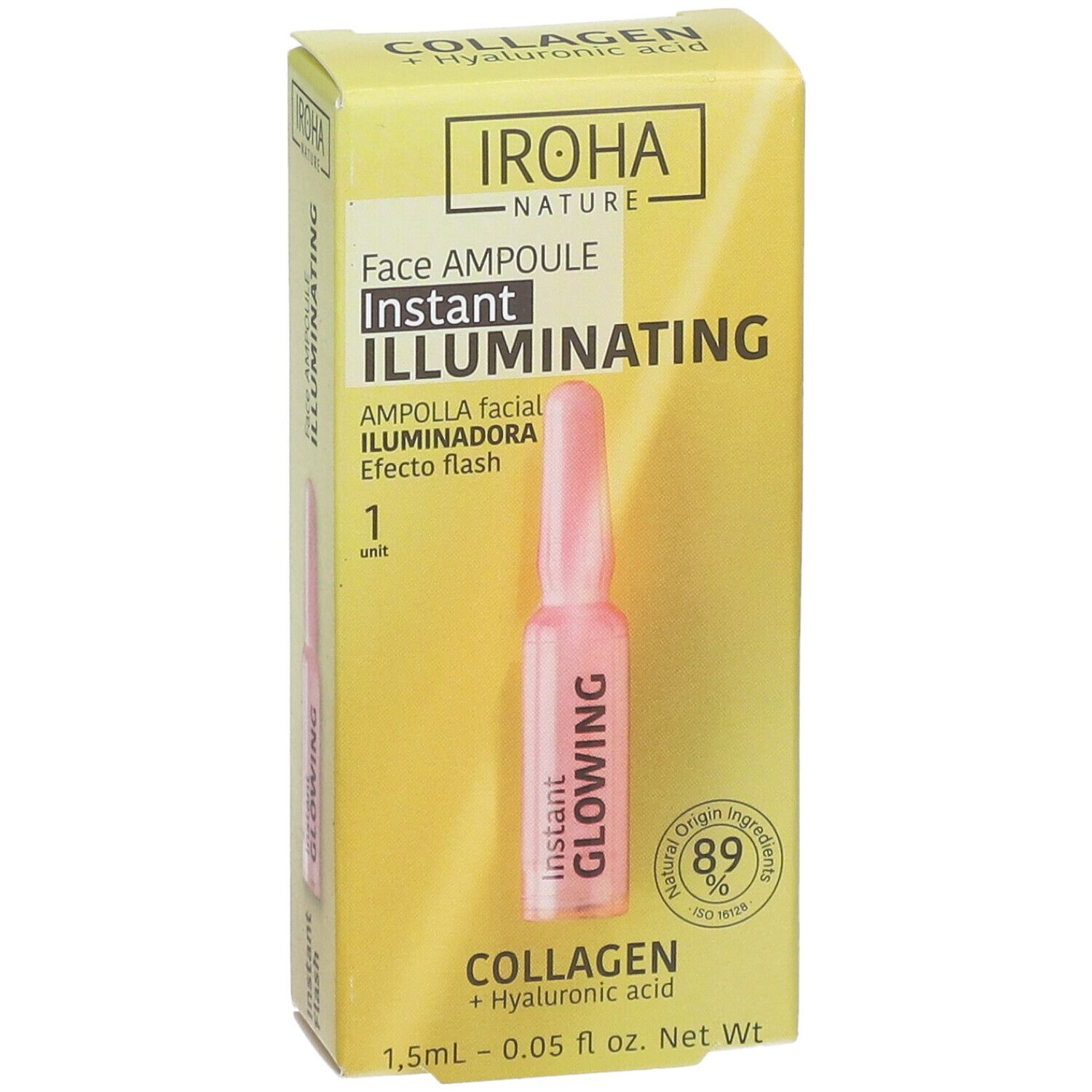 Gelbe Schachtel mit IROHA Nature Face Ampulle. Eine Ampulle ist sichtbar. Text: Instant Glowing, Collagen.