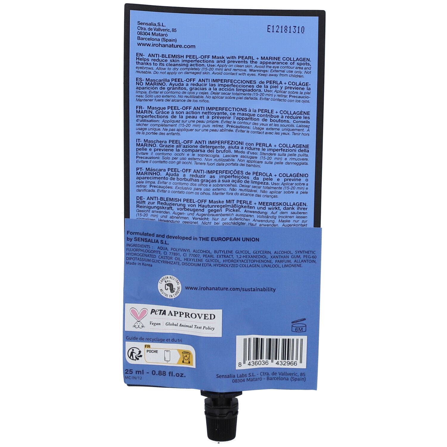 Blau-weiße Tube mit Text. PETA-Logo. Unten schwarzer Verschluss. 25 ml.