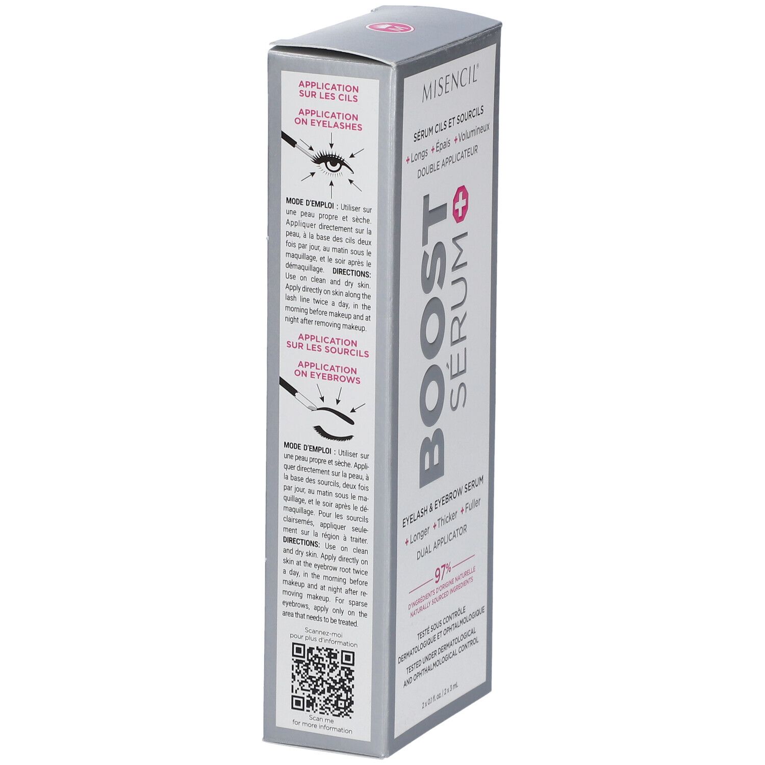 MISENCIL® Boost Sérum Verpackung. Text: Anwendung für Wimpern und Augenbrauen. Doppelapplikator. Graue Schachtel.