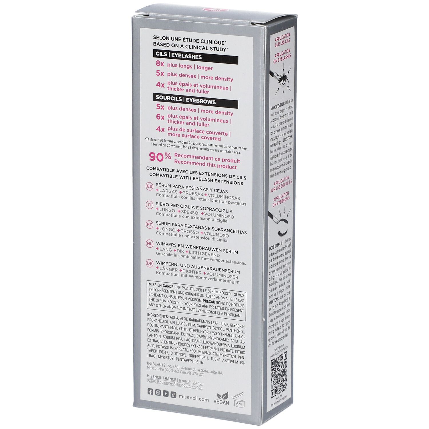 Rückseite der MISENCIL® Boost Sérum Verpackung. Text: Ergebnisse, Inhaltsstoffe, Empfehlungen. Graue Schachtel.