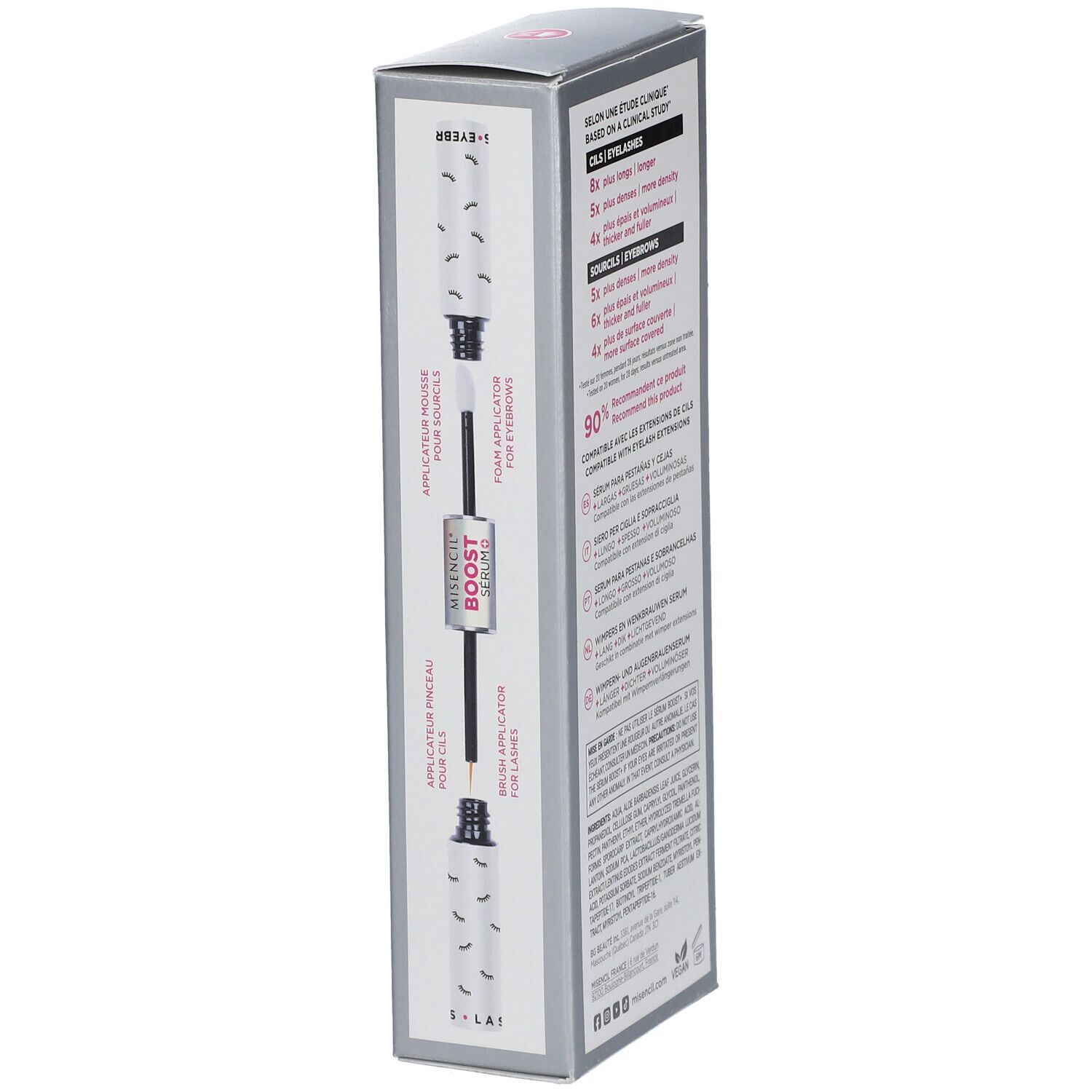MISENCIL® Boost Sérum Verpackung. Doppelapplikator-Illustration. Text: Applikator für Wimpern und Augenbrauen. Graue Schachtel.