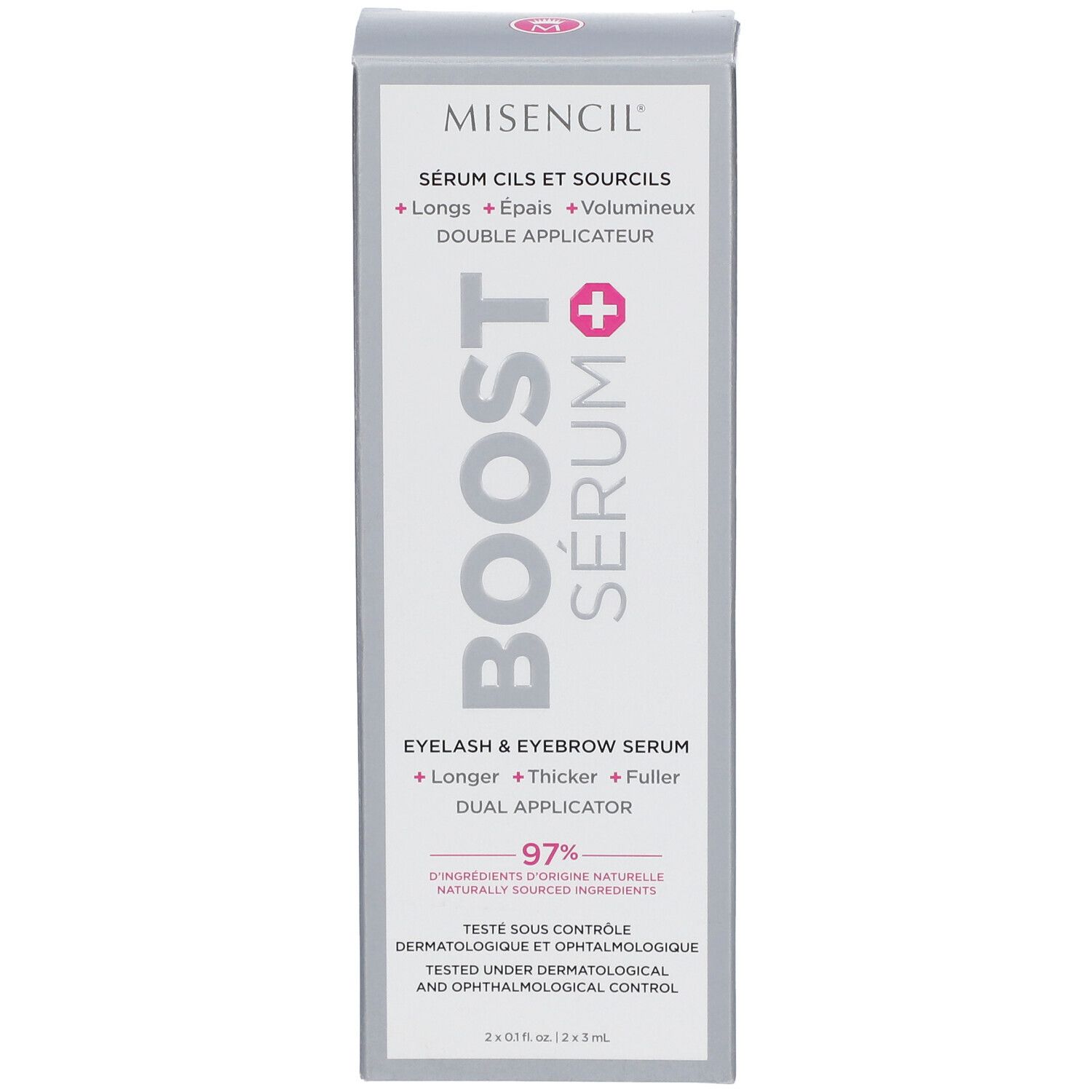 MISENCIL® Boost Sérum Verpackung. Text: Wimpern & Augenbrauen Serum. Doppelapplikator. Graue Schachtel. 2x0.1 fl oz/2x3 ml.