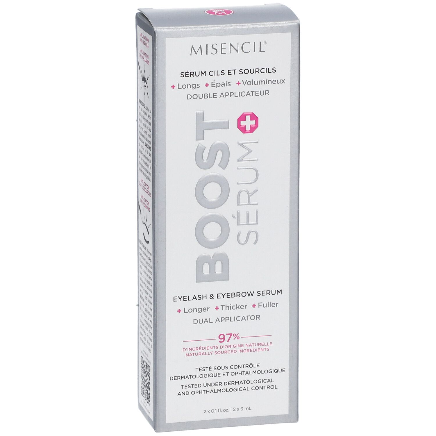 MISENCIL® Boost Sérum Verpackung. Text: Wimpern & Augenbrauen Serum. Doppelapplikator. Graue Schachtel. 2x0.1 fl oz/2x3 ml.