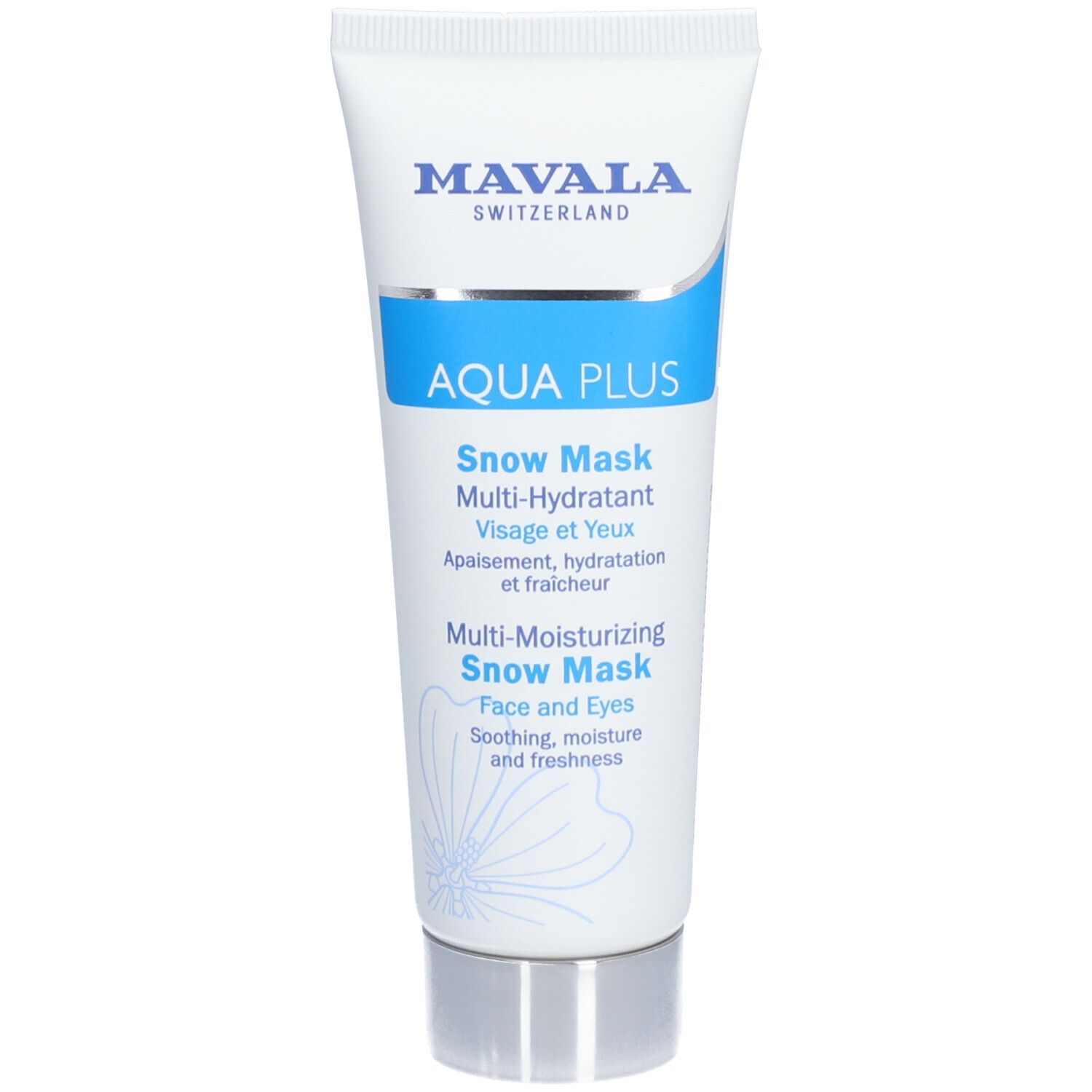 Weiße Tube mit blauer Schrift. Enthält Mavala AQUA PLUS Snow Mask. Text: Multi-Hydratationsmittel, Gesicht und Augen.