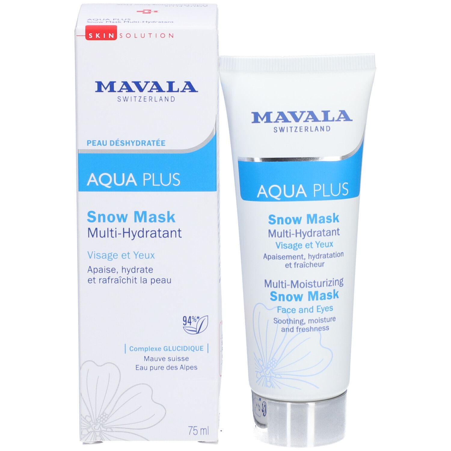 Produktverpackung mit Tube. Mavala AQUA PLUS Snow Mask. Weiße Schachtel mit blauen Akzenten. 75 ml.