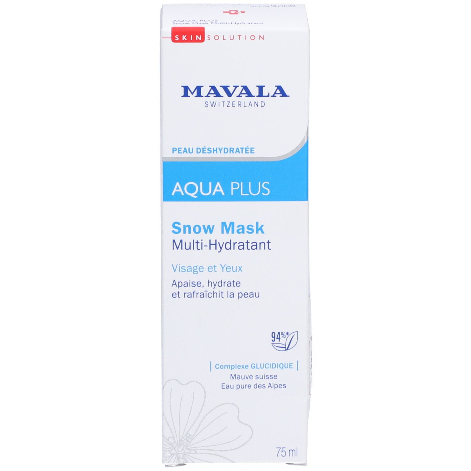 Weiße Schachtel mit blauen Akzenten. Mavala AQUA PLUS Snow Mask. Text: Peau Déshydratée, 75 ml.