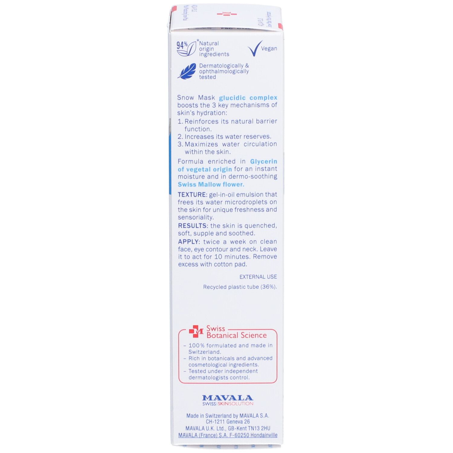 Rückseite der Schachtel. Text: Inhaltsstoffe, Anwendung, Swiss Botanical Science, 94% natürliche Inhaltsstoffe.