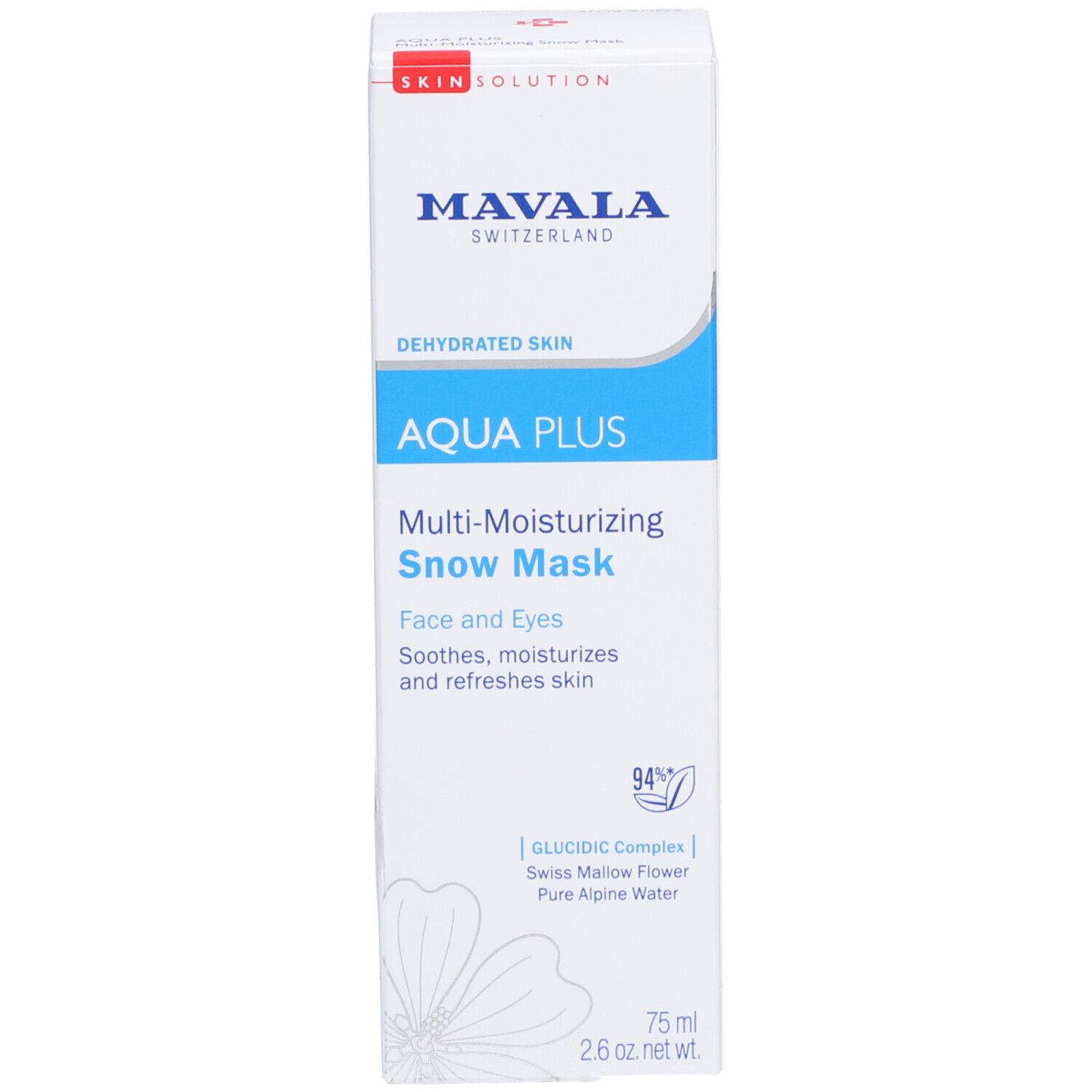 Weiße Schachtel. Mavala AQUA PLUS Snow Mask. Text: Dehydrierte Haut, 75 ml, 2.6 oz net. wt.