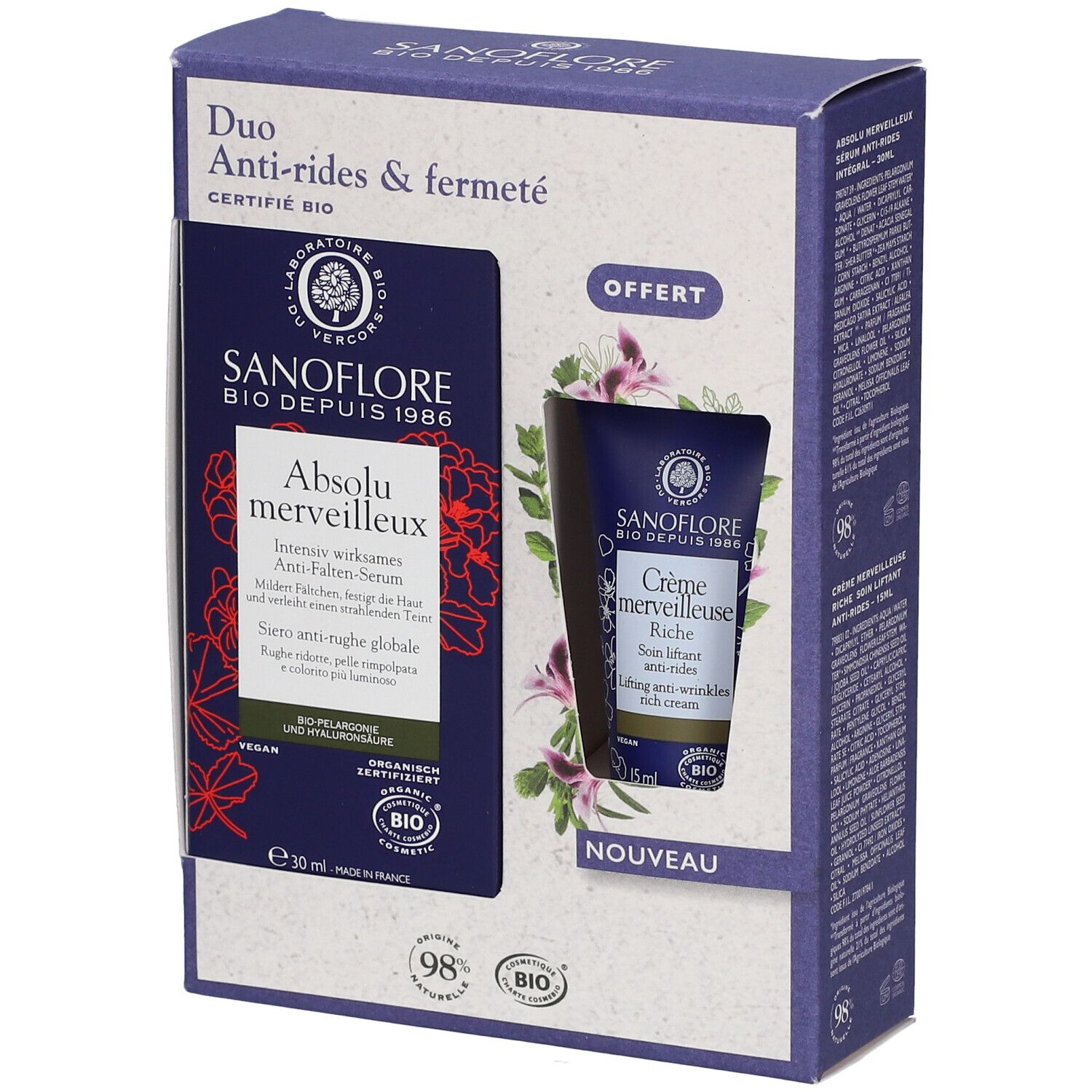 Sanoflore Duo-Set Anti-Falten und Straffung Anti-Falten Serum Absolu merveilleux zertifiziert Bio 30ml + Wunderbare reichhaltige Lifting-Creme zertifiziert Bio 15ml geschenkt