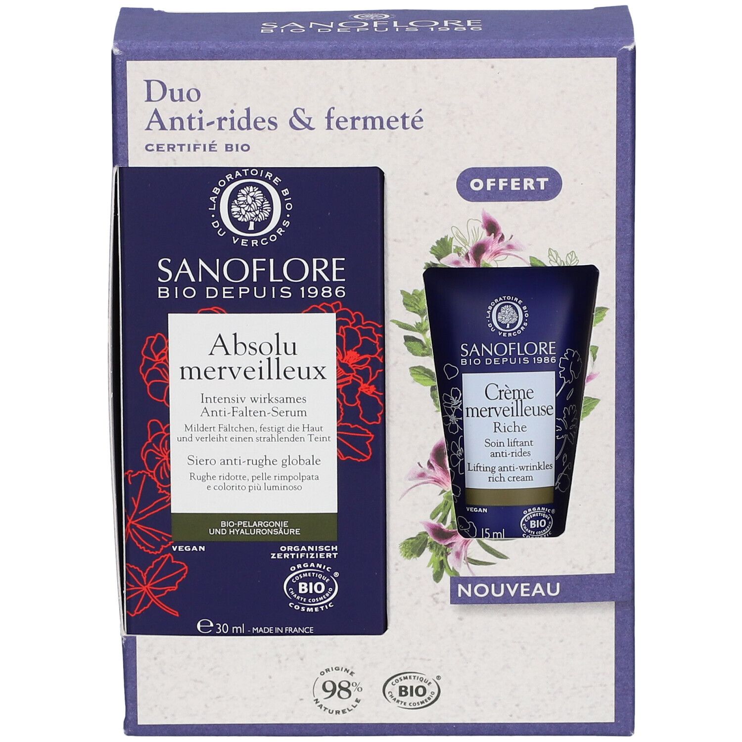 Sanoflore Duo-Set Anti-Falten und Straffung Anti-Falten Serum Absolu merveilleux zertifiziert Bio 30ml + Wunderbare reichhaltige Lifting-Creme zertifiziert Bio 15ml geschenkt