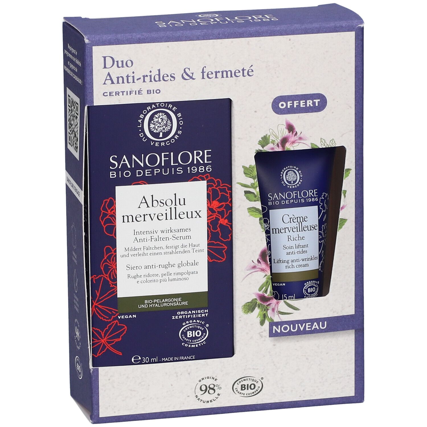 Sanoflore Duo-Set Anti-Falten und Straffung Anti-Falten Serum Absolu merveilleux zertifiziert Bio 30ml + Wunderbare reichhaltige Lifting-Creme zertifiziert Bio 15ml geschenkt
