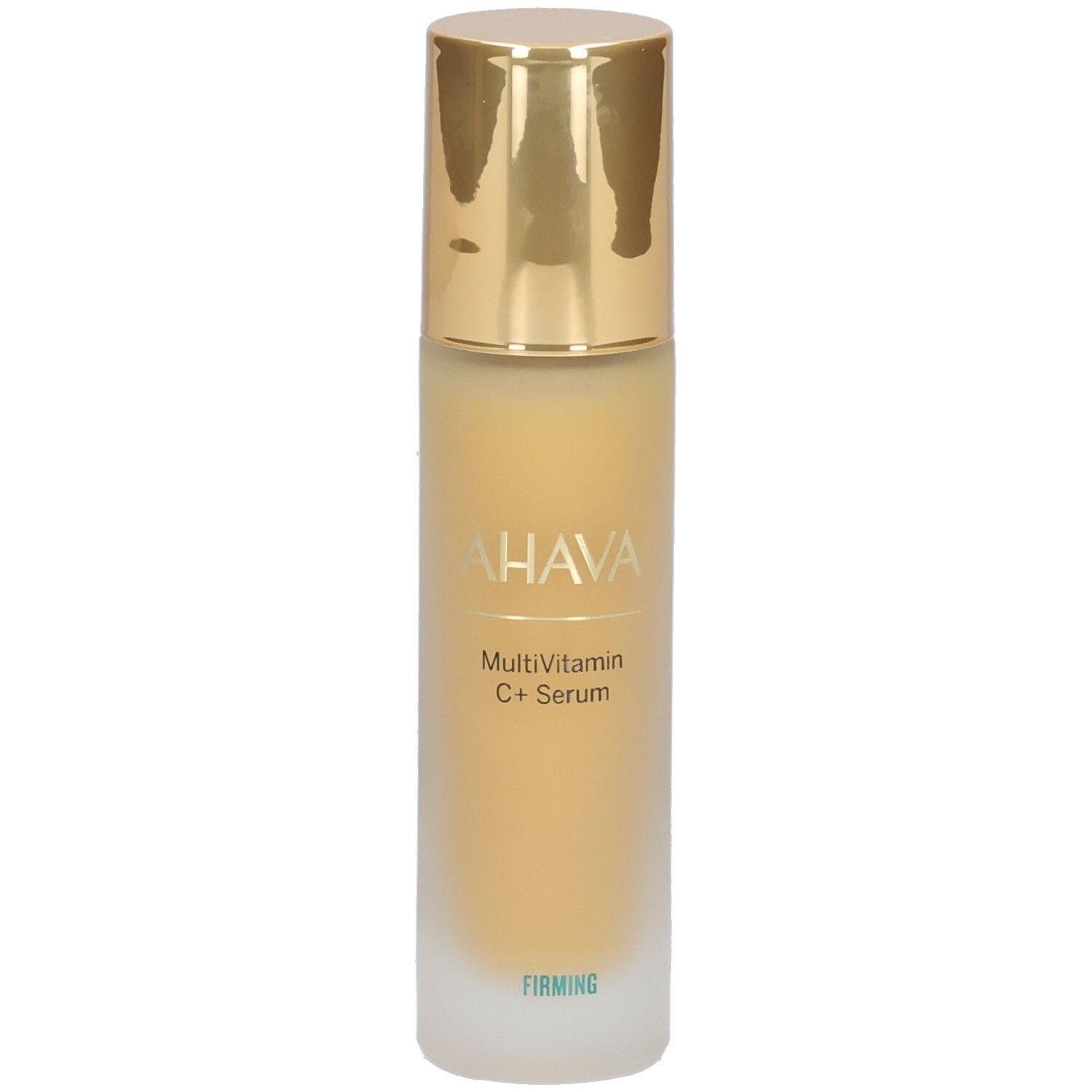 Ahava Multivitamin C+ Serum. Flasche mit goldenem Deckel. Aufschrift: AHAVA, Multivitamin C+ Serum, Firming.