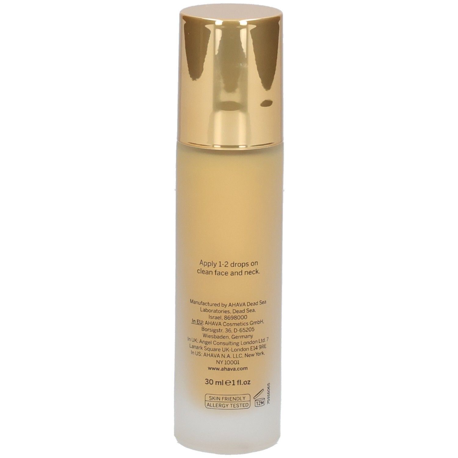 Ahava Multivitamin C+ Serum. Rückseite der Flasche. Text mit Anwendungshinweisen und Herstellerangaben.