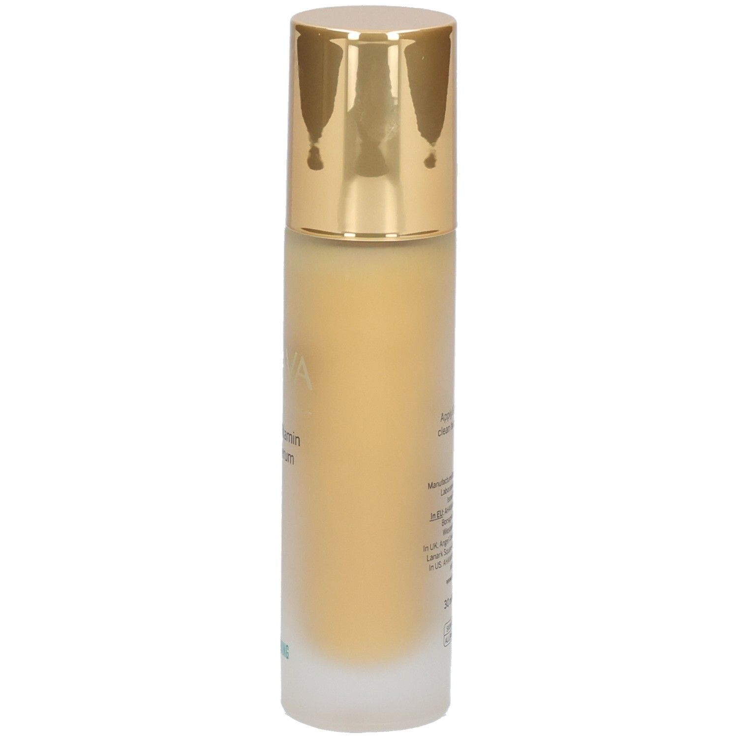 Ahava Multivitamin C+ Serum. Flasche mit goldenem Deckel. Aufschrift: AHAVA, Multivitamin C+ Serum, Firming.