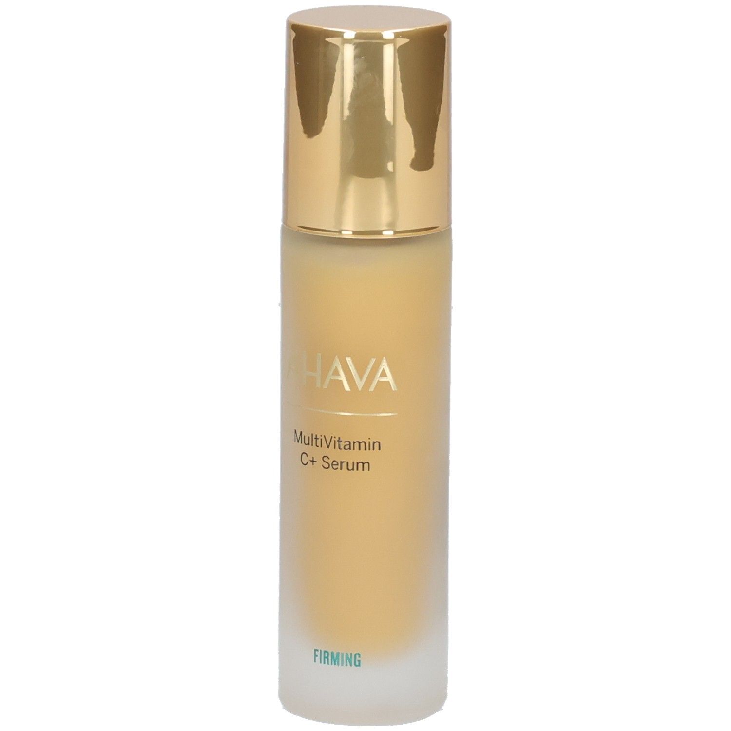 Ahava Multivitamin C+ Serum. Flasche mit goldenem Deckel. Aufschrift: AHAVA, Multivitamin C+ Serum, Firming.