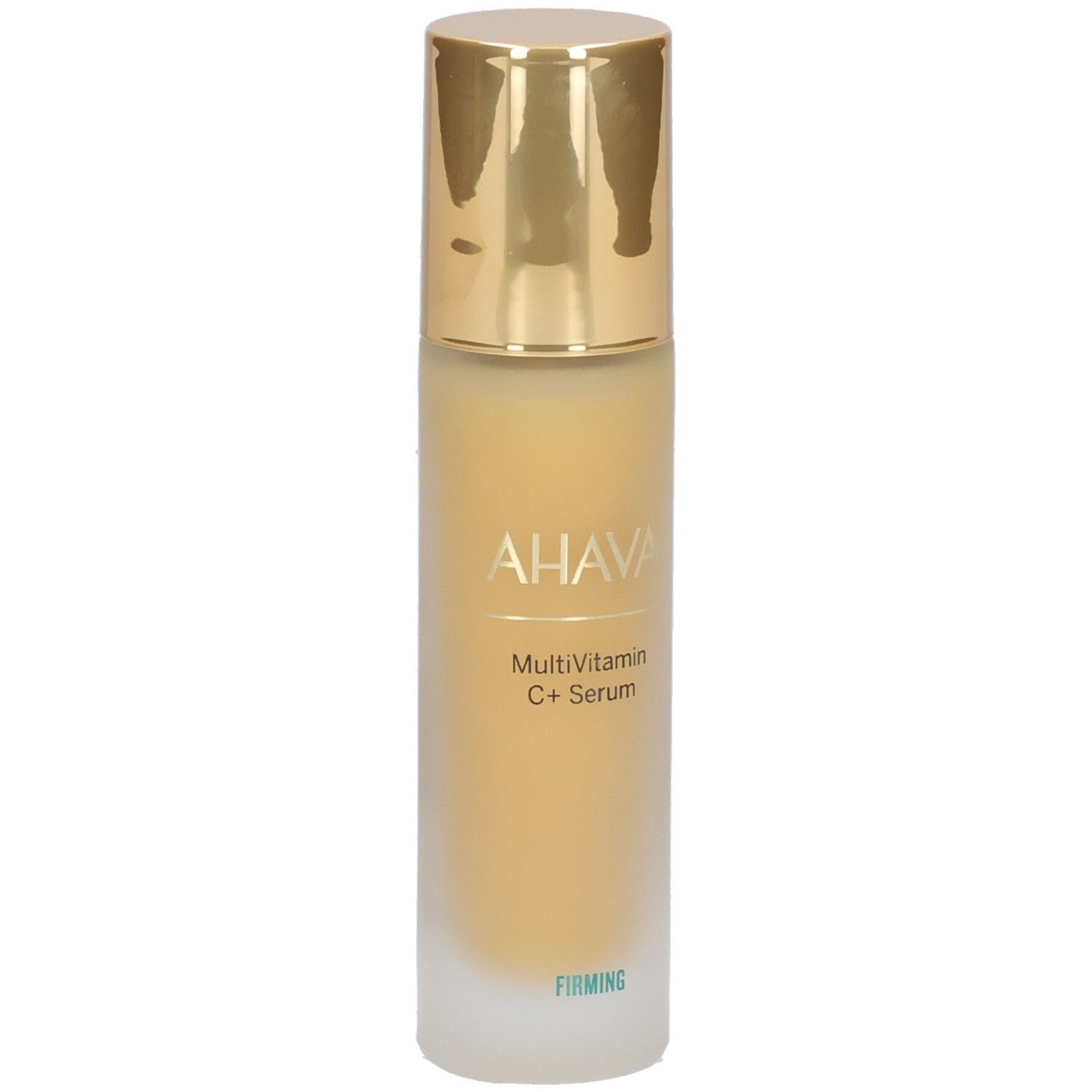 Ahava Multivitamin C+ Serum. Flasche und Verpackung. Aufschrift: AHAVA, Multivitamin C+ Serum, Firming.