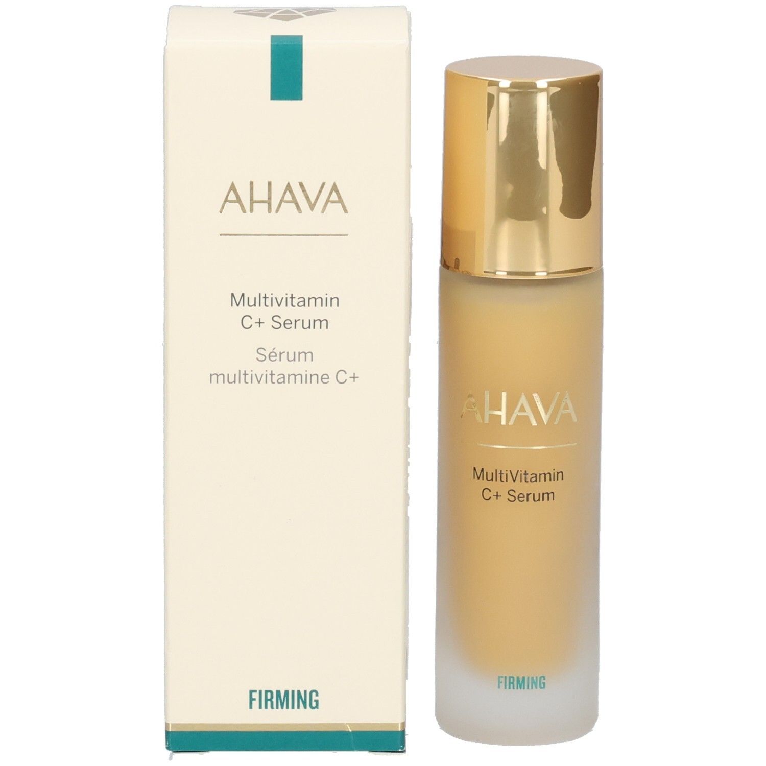 Ahava Multivitamin C+ Serum. Verpackung. Aufschrift: AHAVA, Multivitamin C+ Serum, Firming.