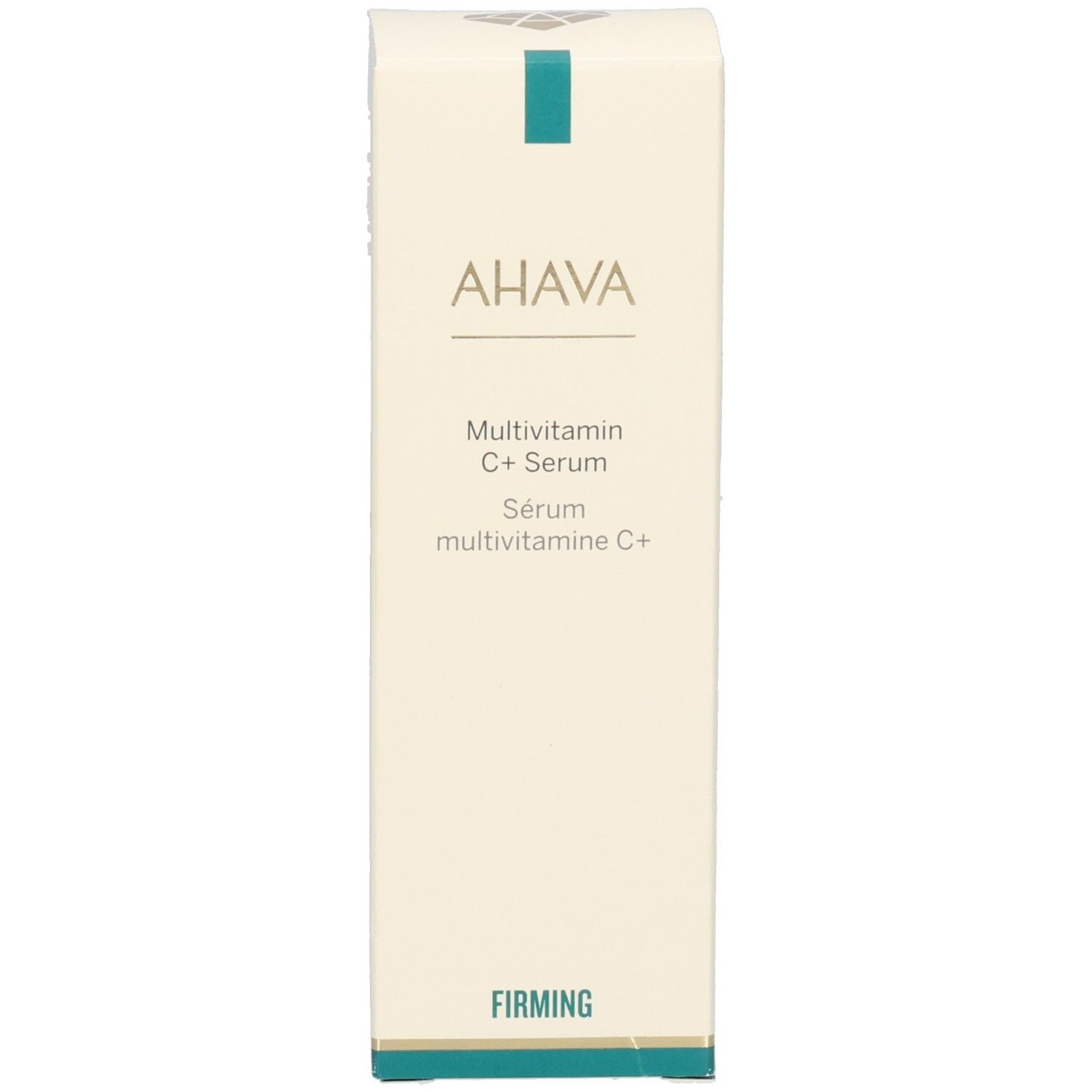 Ahava Multivitamin C+ Serum. Verpackung. Aufschrift: AHAVA, Multivitamin C+ Serum, Firming.
