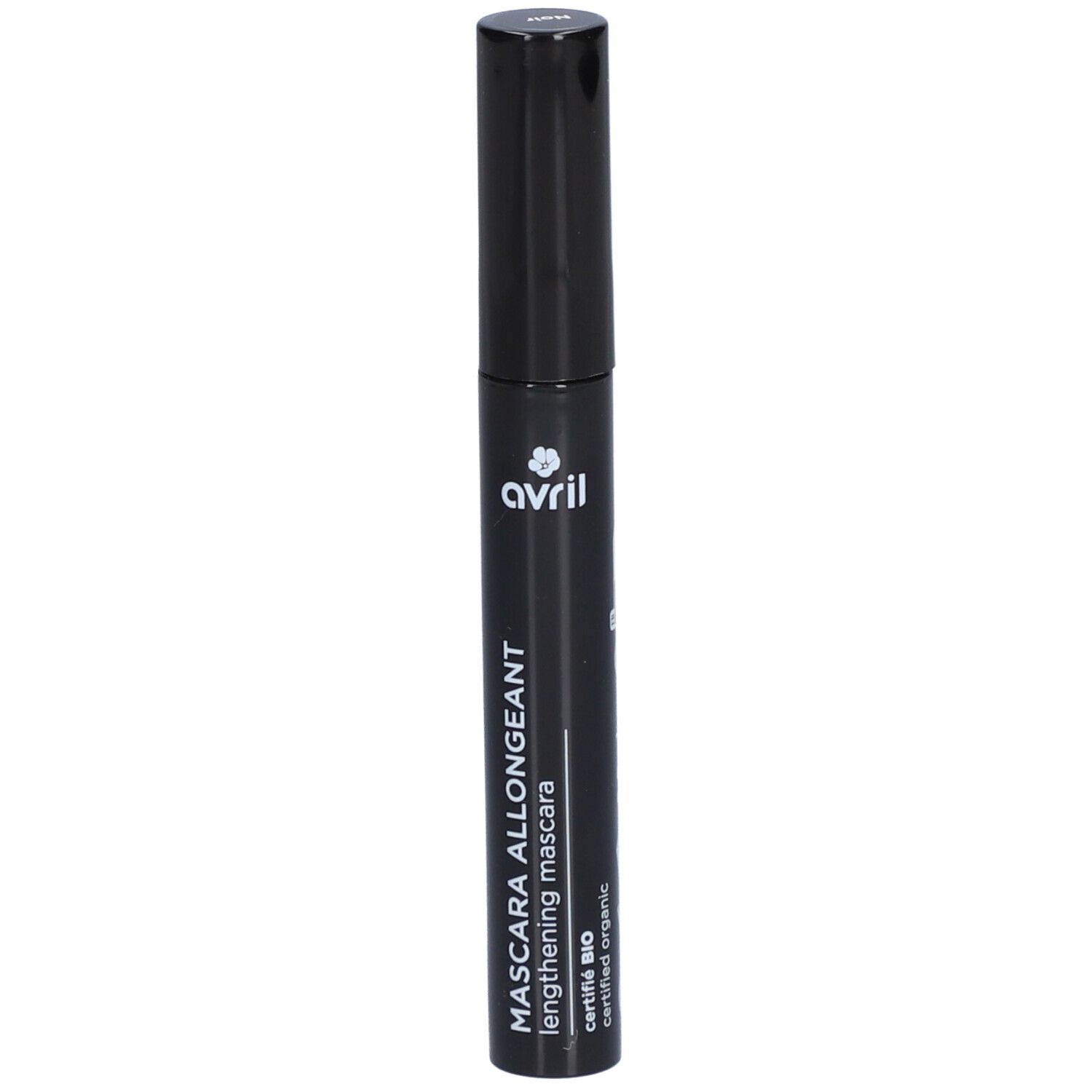 Schwarze Mascarabürste mit dem Logo von Avril und der Aufschrift "Mascara Allongeant". Zertifiziertes Bio.