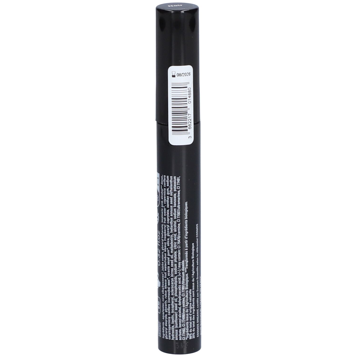 Schwarze Mascarabürste mit Text und Barcode. Informationen über Inhaltsstoffe und Hersteller.