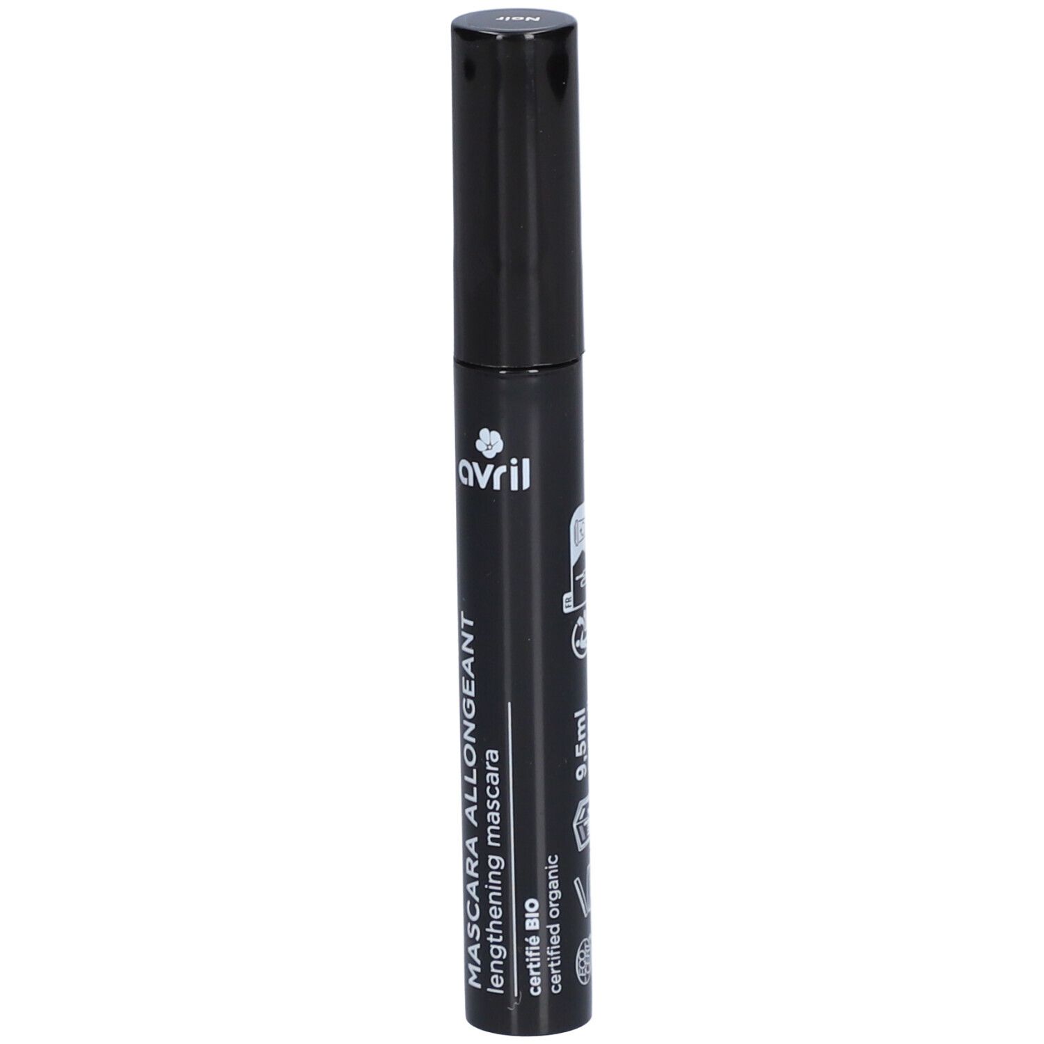 Schwarze Mascarabürste mit Logo und Text. "Mascara Allongeant" und Volumenangabe 9,5ml.