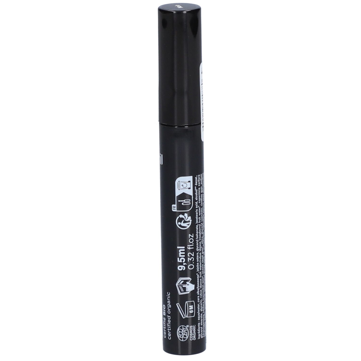 Schwarze Mascarabürste mit Text und Symbolen. Volumenangabe 9,5ml. Zertifiziertes Bio.