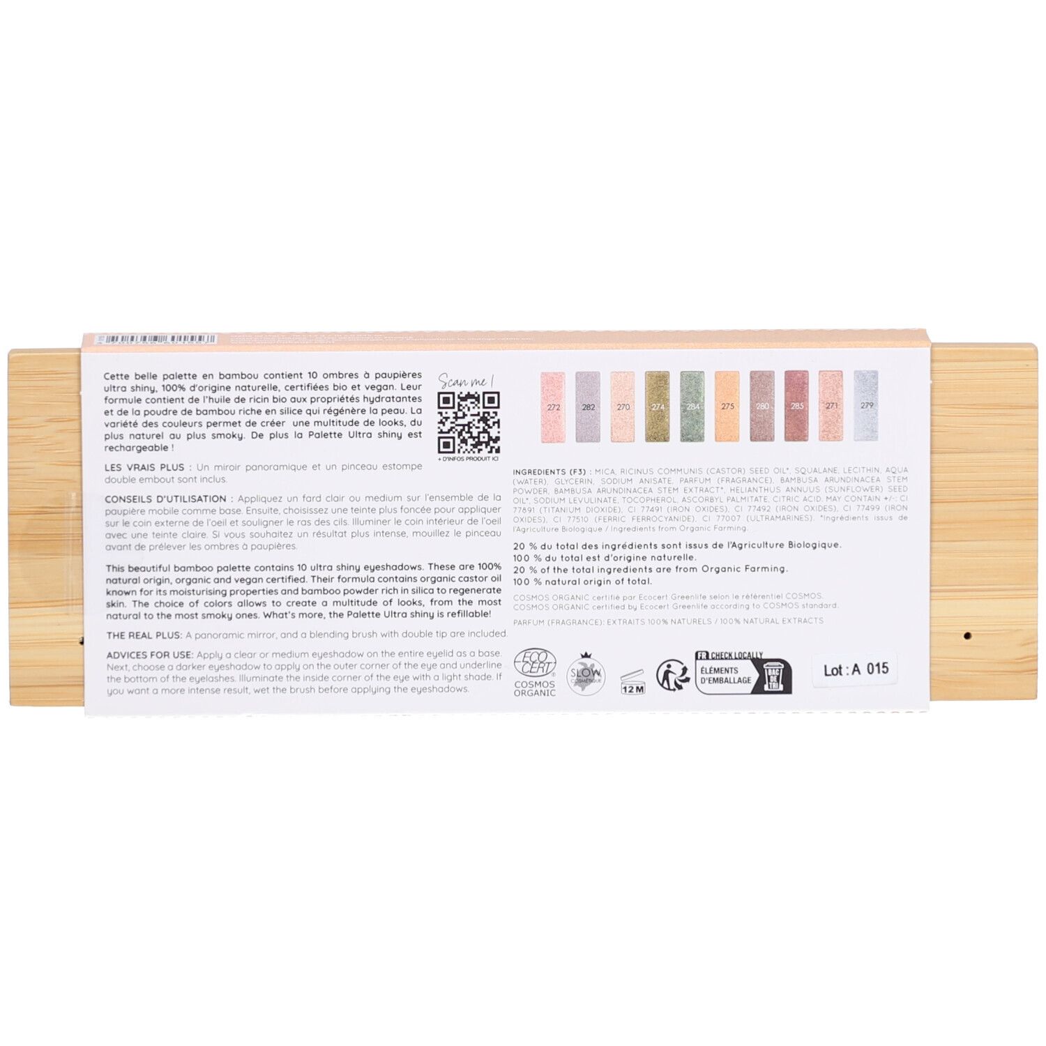 Rückseite der Lidschattenpalette. Text mit Inhaltsstoffen und Anwendungshinweisen. Zertifizierungen und QR-Code.