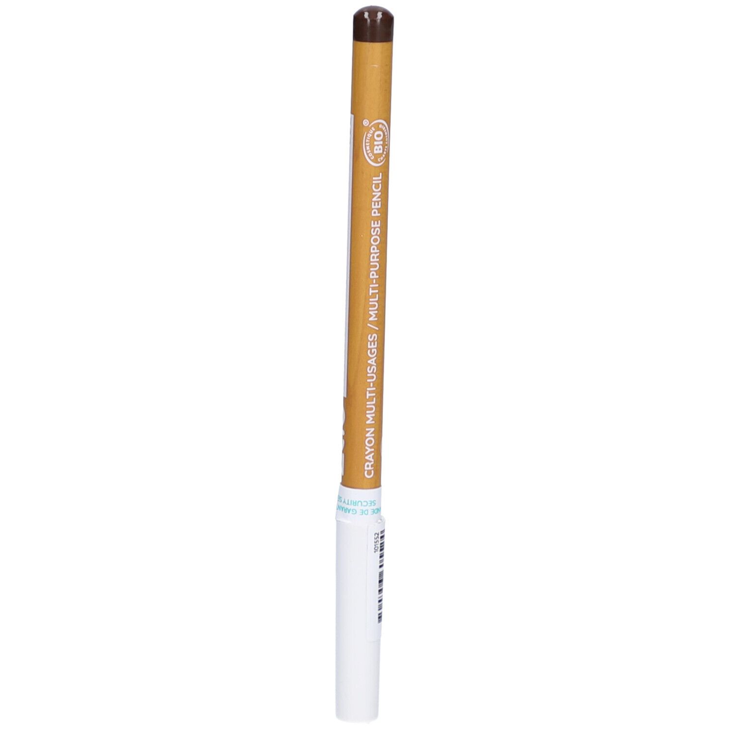 Brauner ZAO Make-up-Stift. Holzschaft mit weißem Ende. Aufschrift: Crayon multi-usages, Bio-Logo.