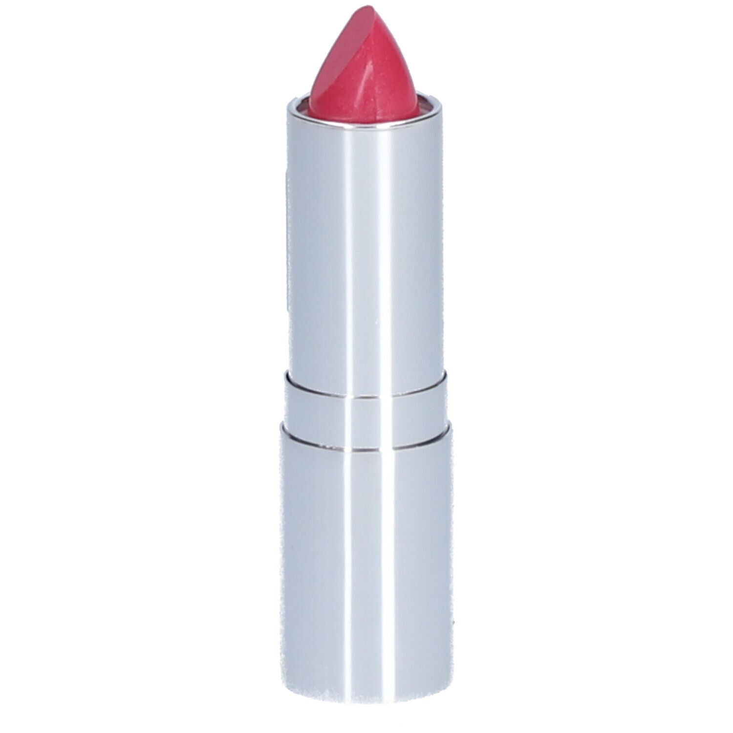 Lippenstift mit glänzender, pinkfarbener Spitze in silberfarbener Hülse.