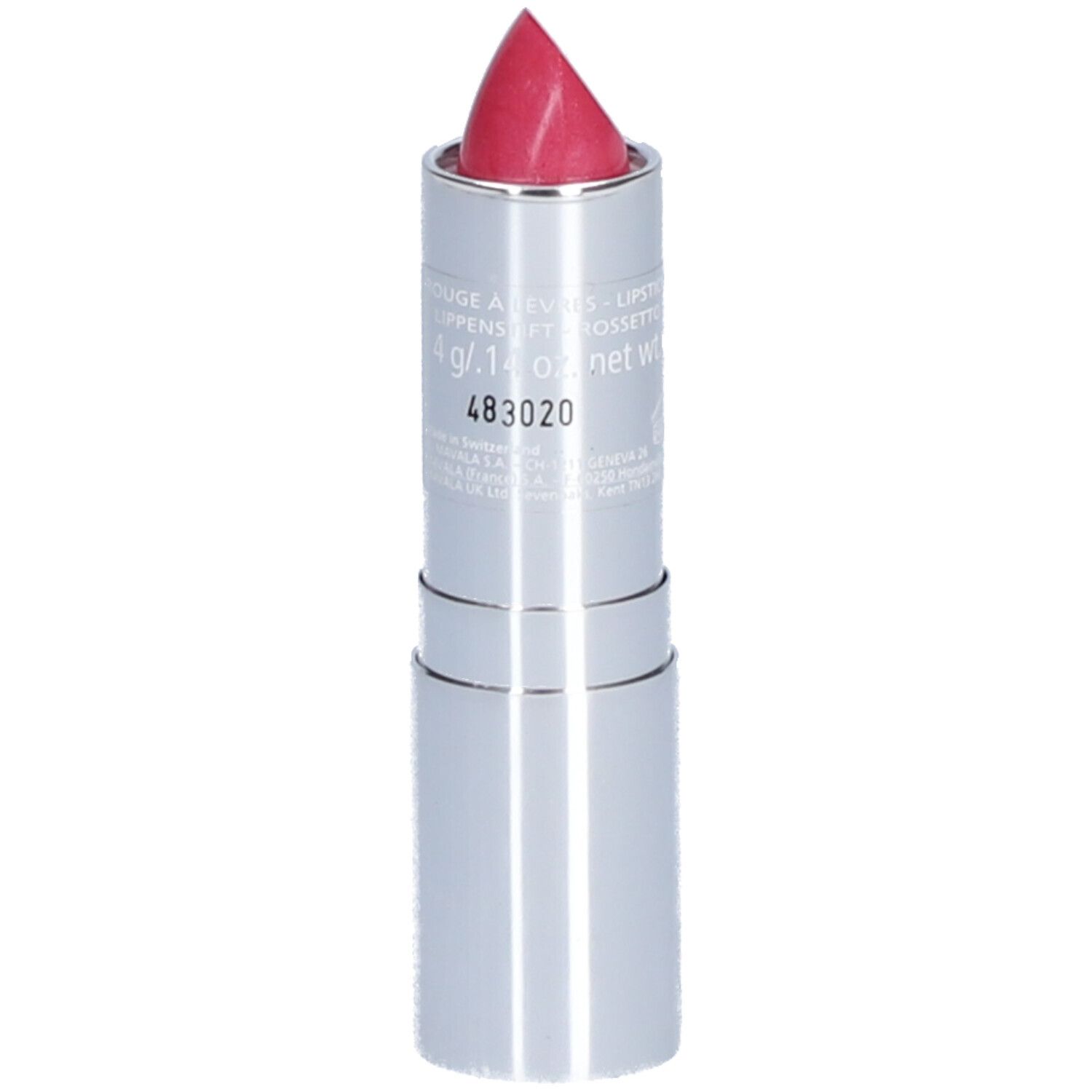 Lippenstift mit pinkfarbener Spitze. Silberfarbene Hülse. Text: 4 g/ .14 oz net wt.