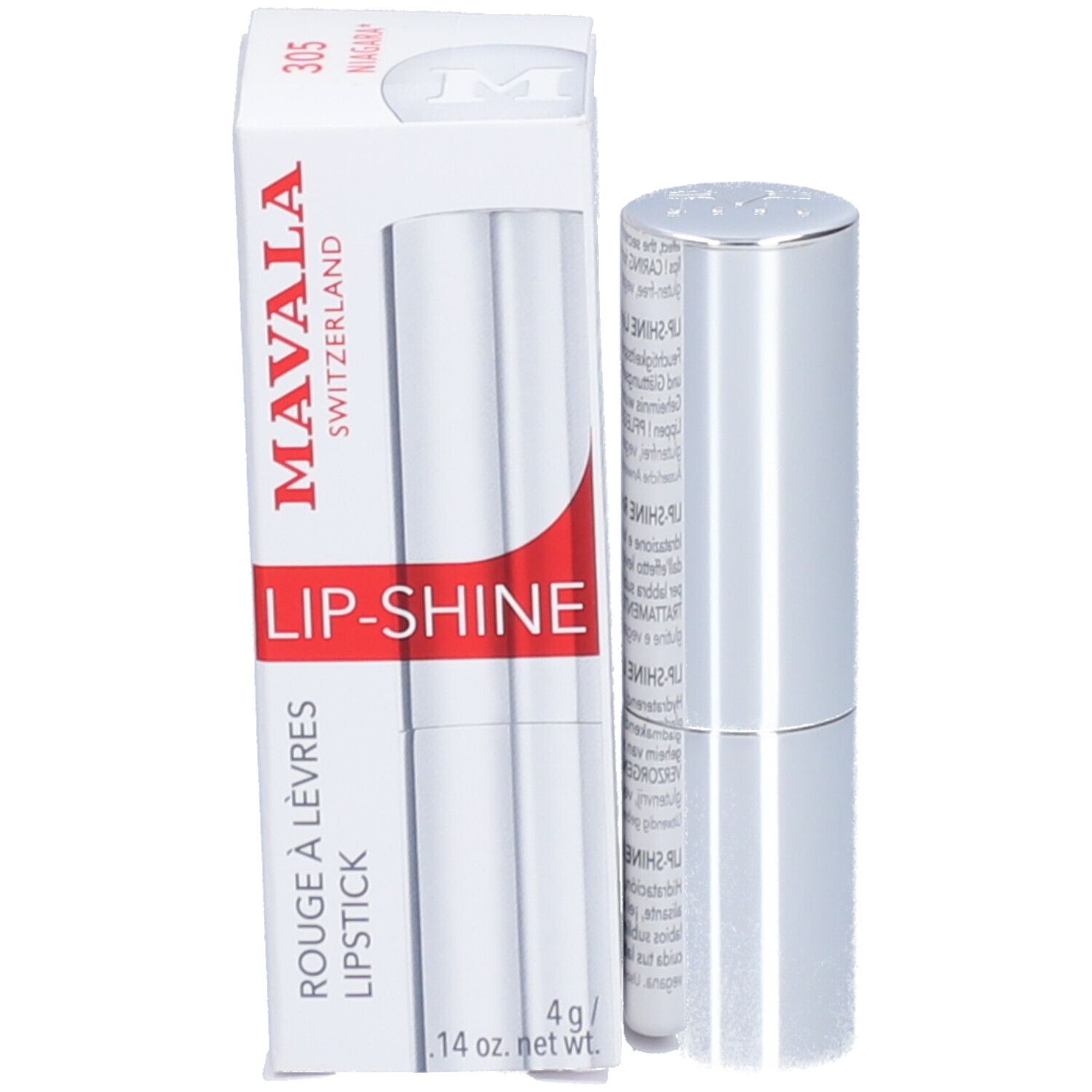 Verpackung und Lippenstift. Verpackung: weiß mit rotem Akzent. Text: MAVALA LIP-SHINE.