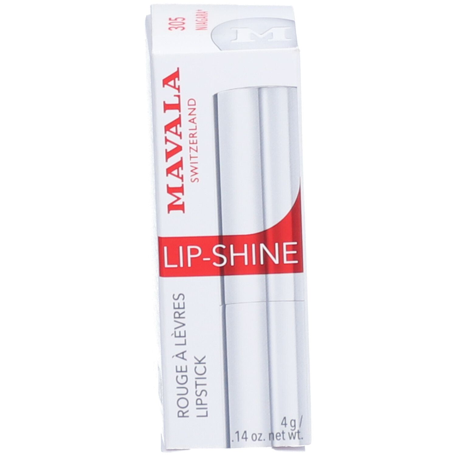 Weiße Verpackung mit rotem Akzent. Text: MAVALA LIP-SHINE, 4 g/ .14 oz net wt.