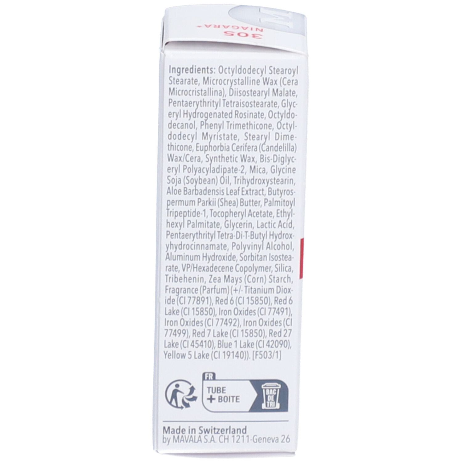 Verpackungsrückseite. Text: Inhaltsstoffe, Made in Switzerland, Recycling-Symbol.