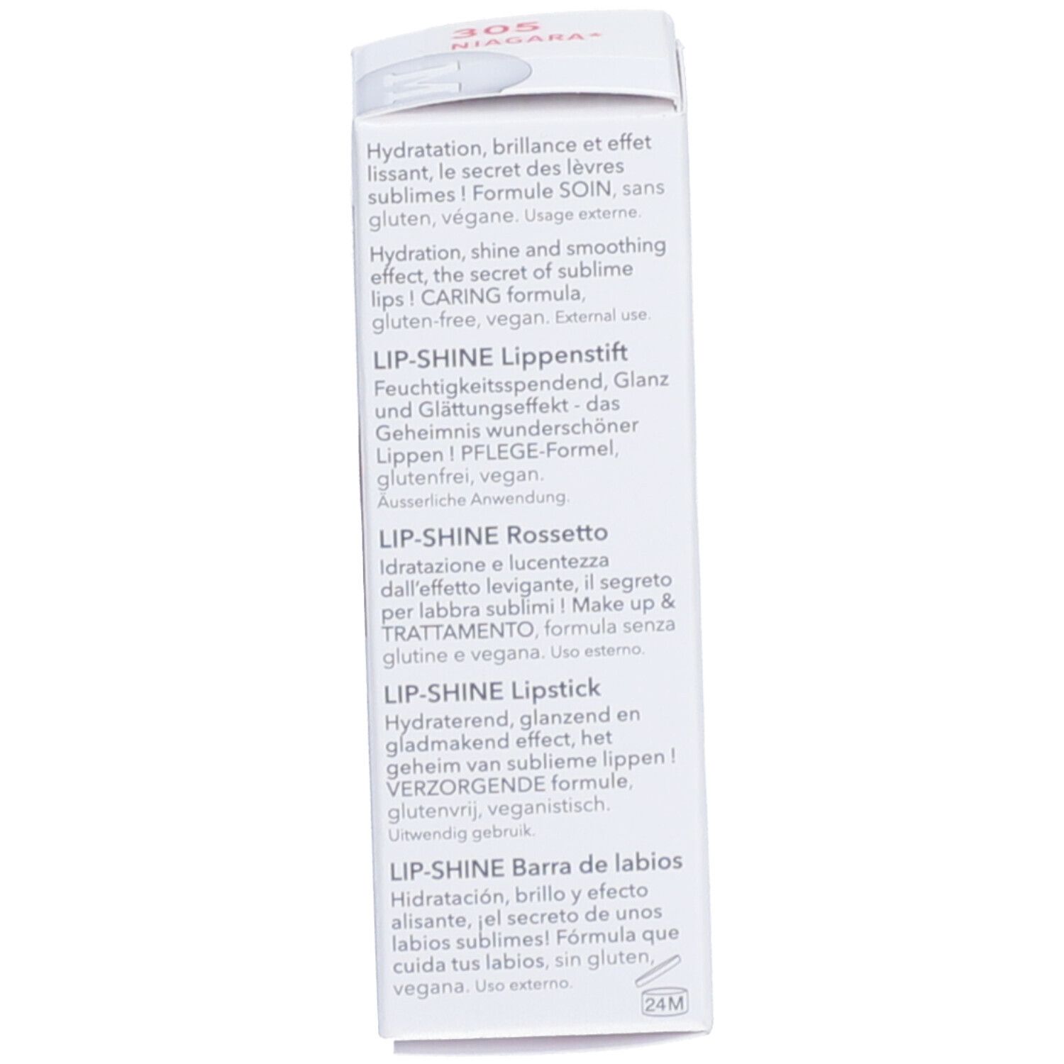 Verpackungsseite. Text: LIP-SHINE in mehreren Sprachen, glutenfrei, vegan, 24M.