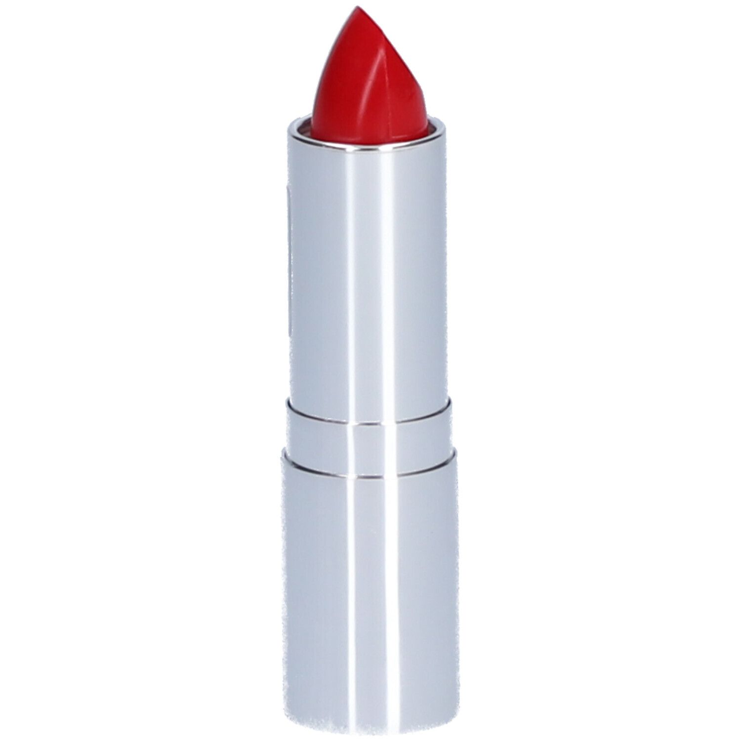 Roter Lippenstift in silberner Hülse. Spitze geformt. Glänzende Oberfläche.