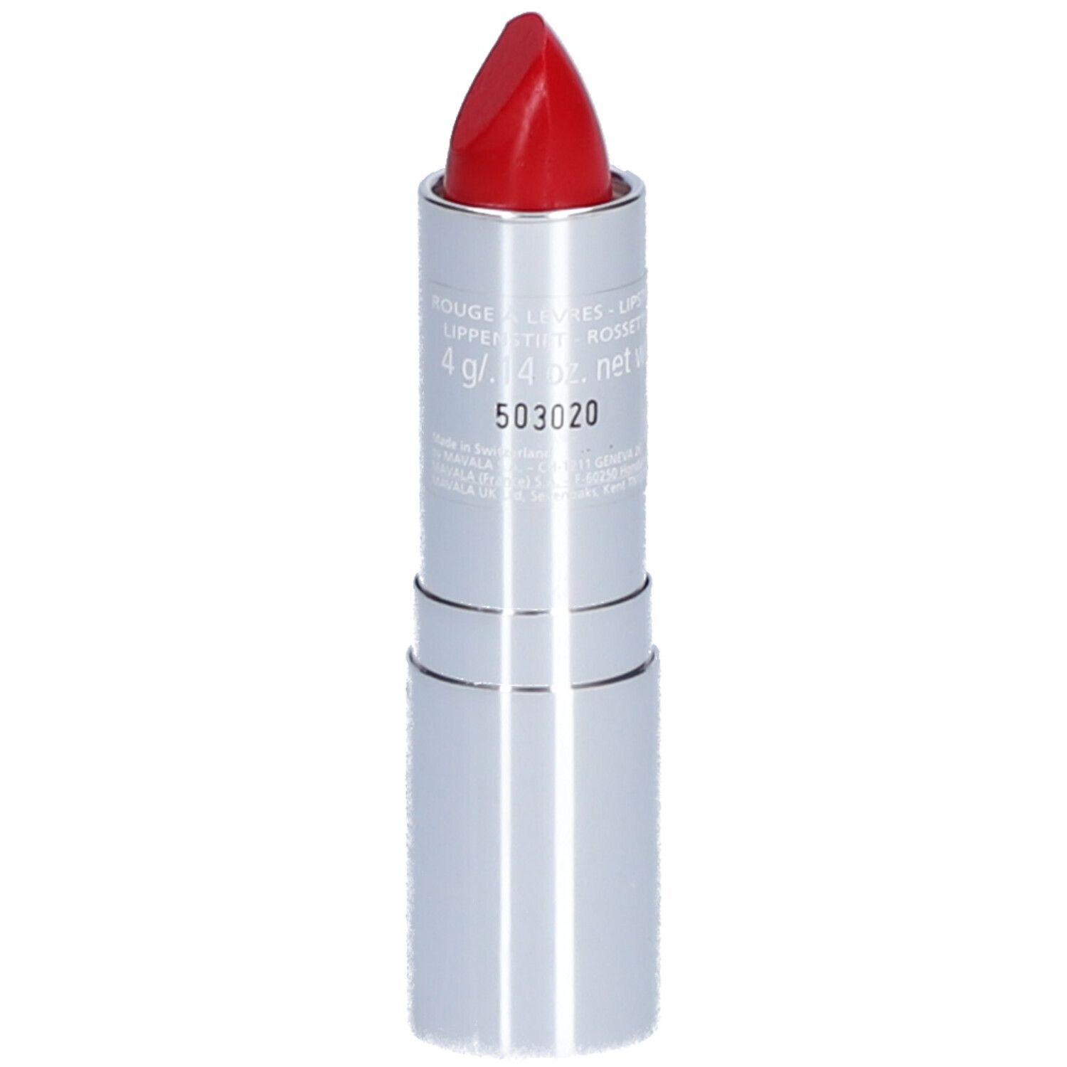 Roter Lippenstift in silberner Hülse. Aufschrift auf der Hülse. Glänzende Oberfläche.