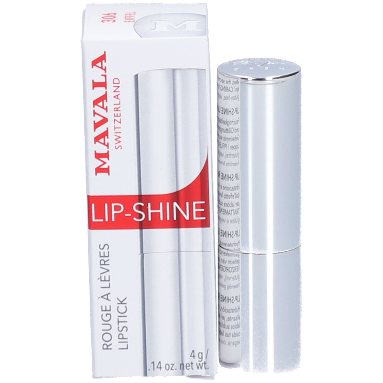 Mavala Lip-Shine Lippenstift mit Verpackung. Weißer Karton mit rotem Streifen und Produktnamen.