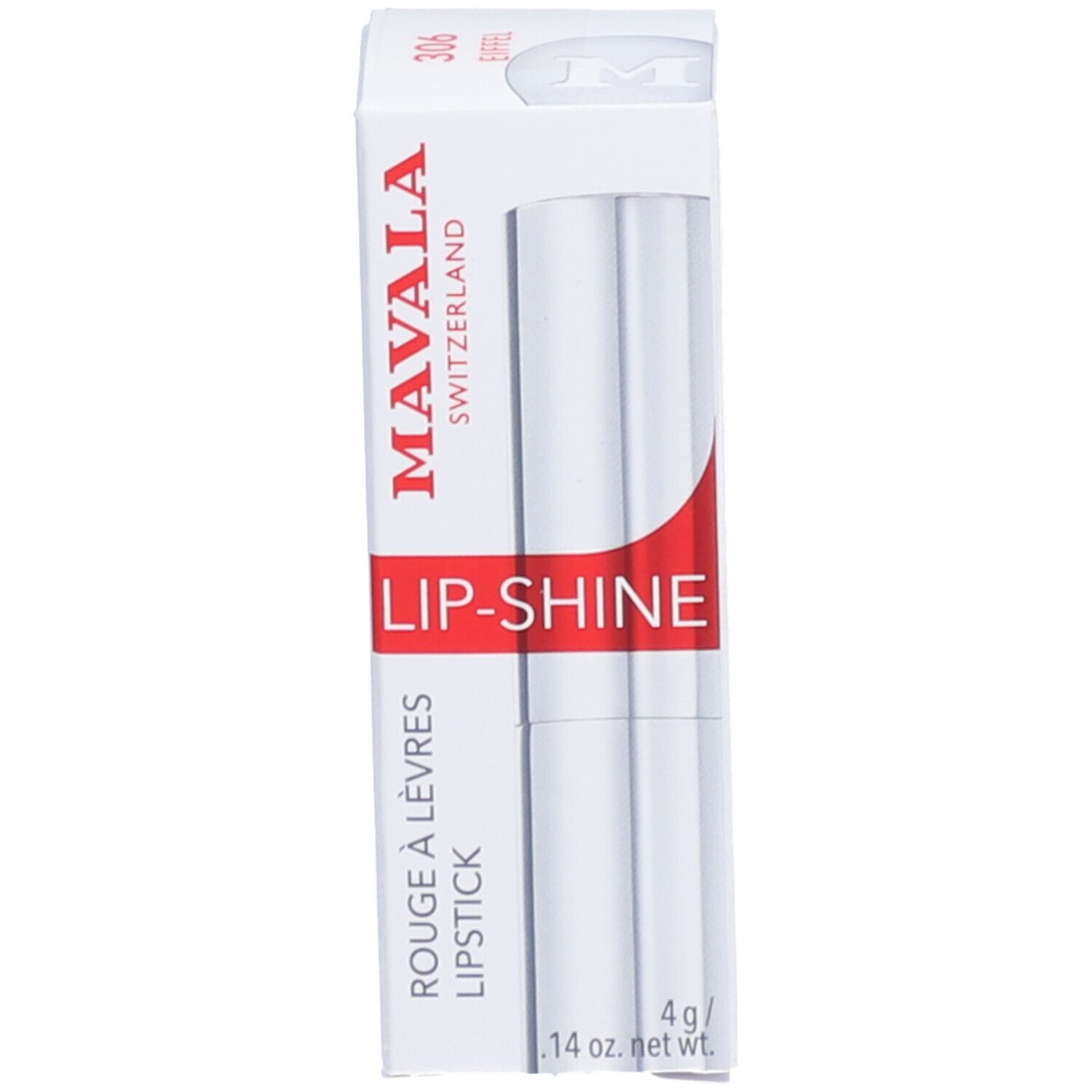 Mavala Lip-Shine Lippenstift mit Verpackung. Weißer Karton mit rotem Streifen und Produktnamen.