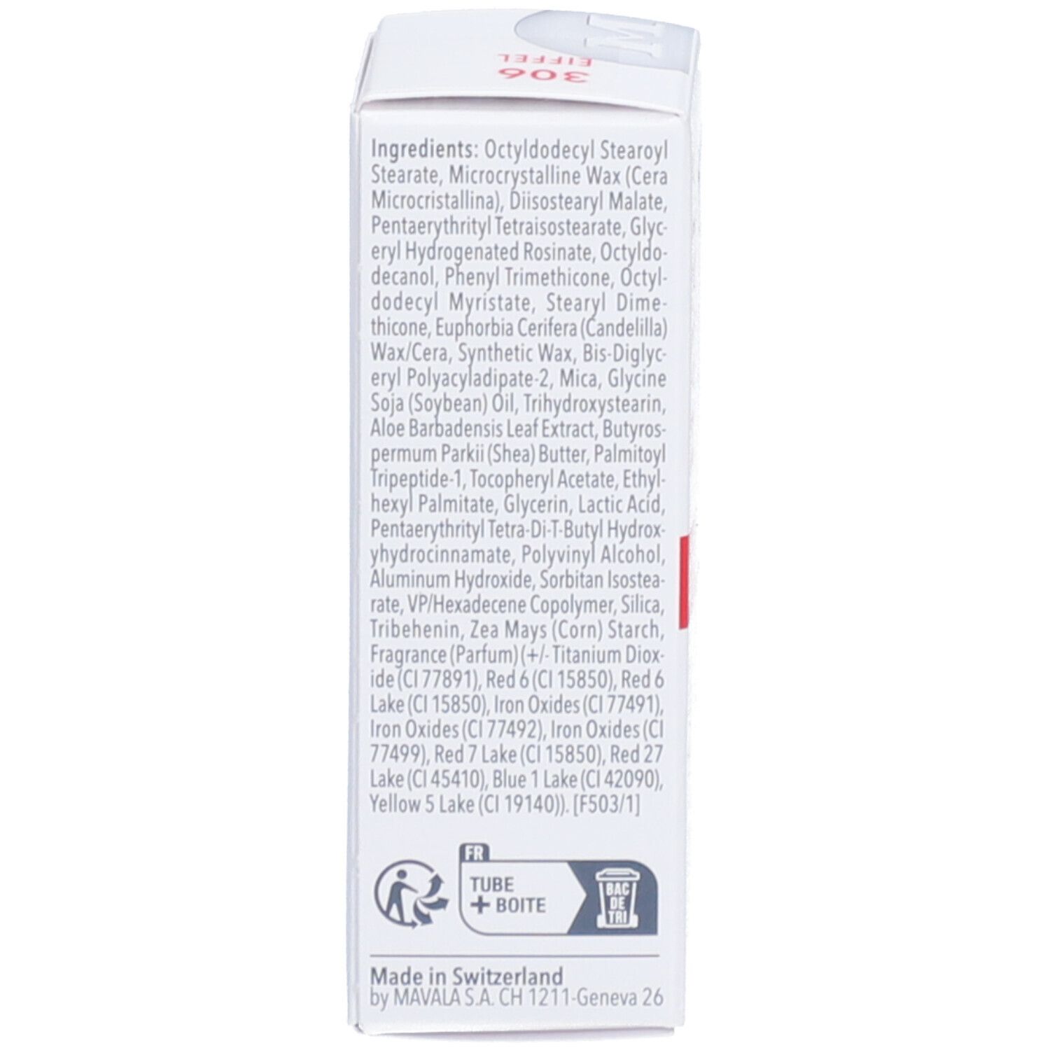 Verpackung von Mavala Lip-Shine. Zutatenliste, Recycling-Symbol, Herkunftsland: Schweiz.