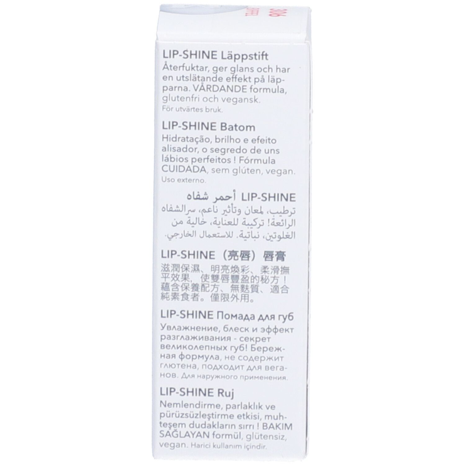 Rückseite der Mavala Lip-Shine Verpackung. Mehrsprachige Produktbeschreibung.