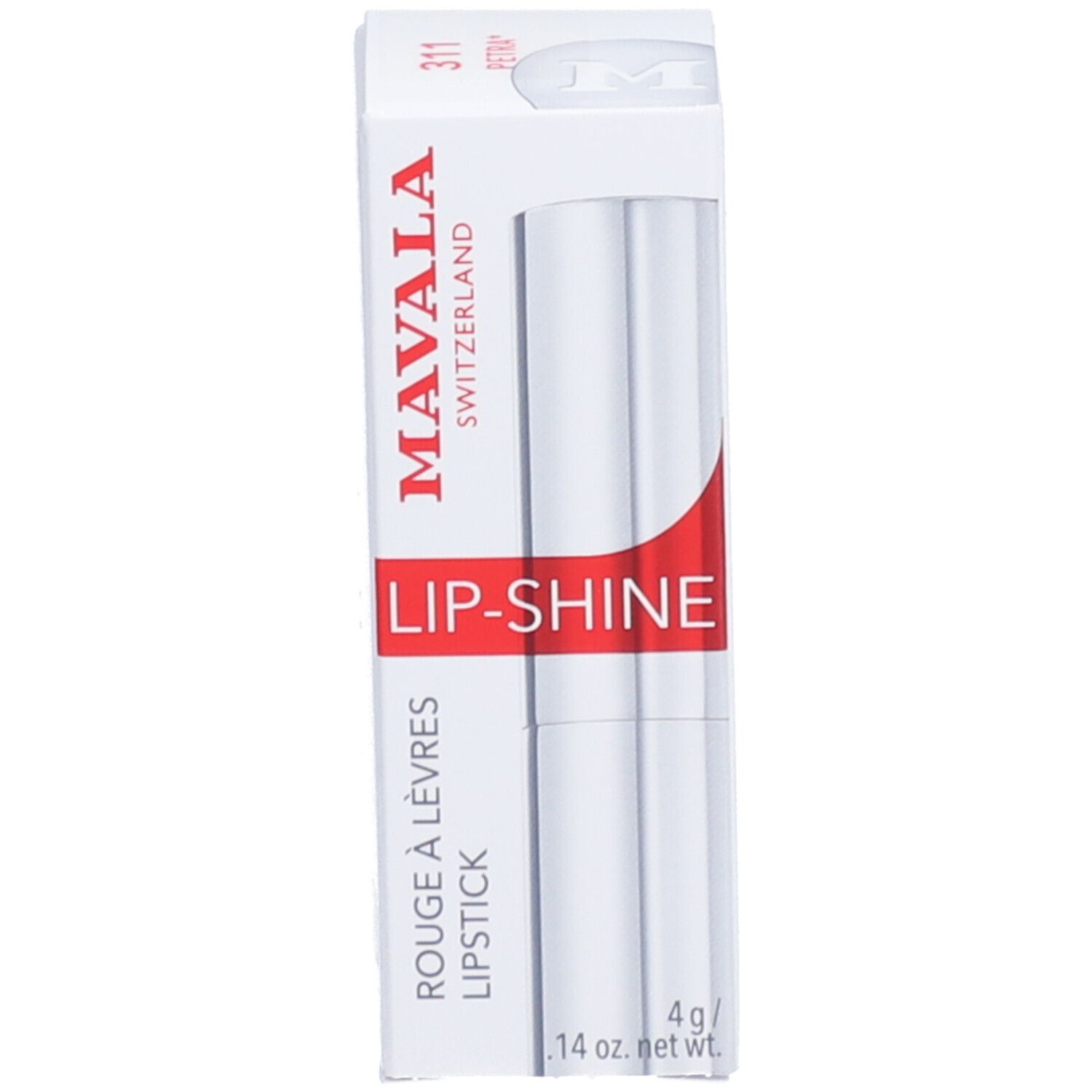 Weißer Karton mit Lippenstift. Auf dem Karton steht 'MAVALA LIP-SHINE'.