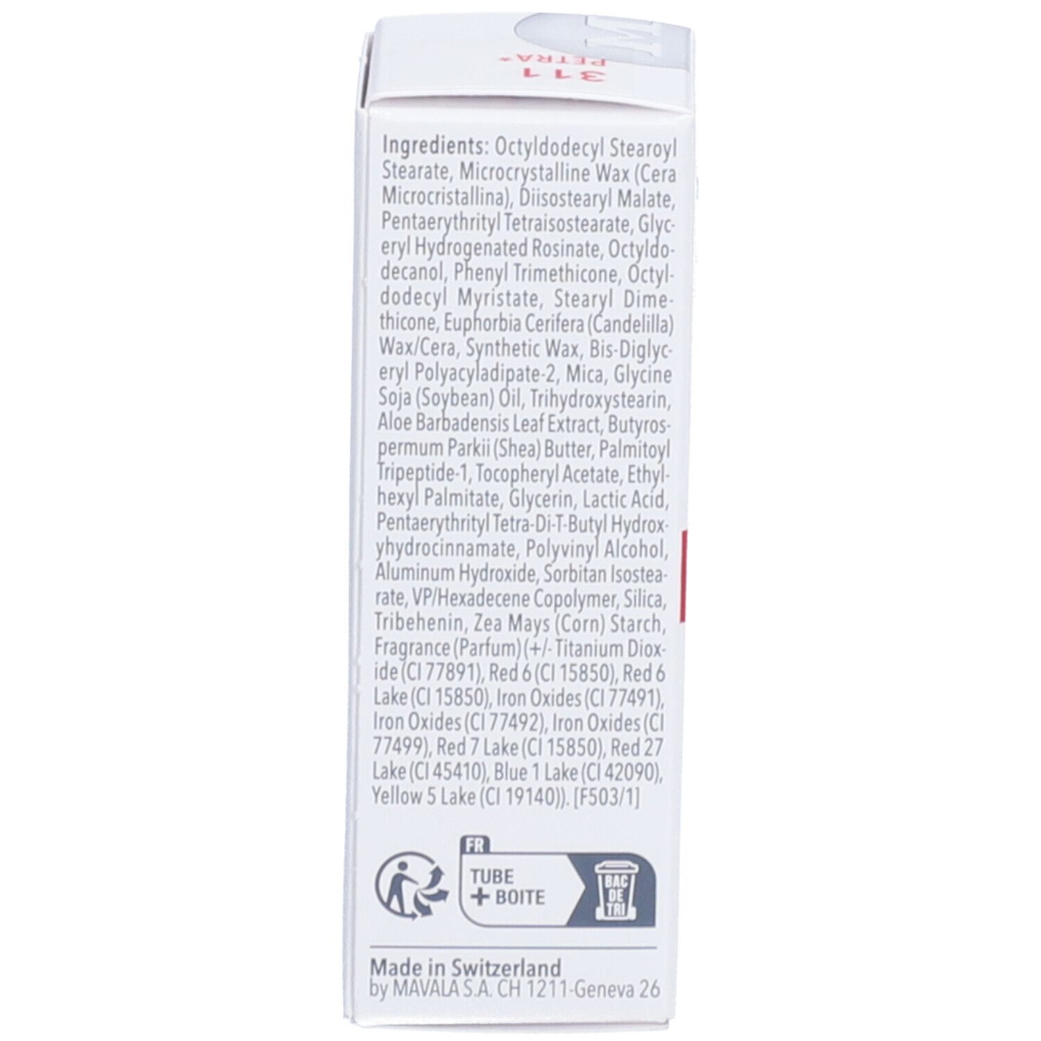 Rückseite der weißen Verpackung mit Inhaltsstoffen und Informationen in verschiedenen Sprachen.