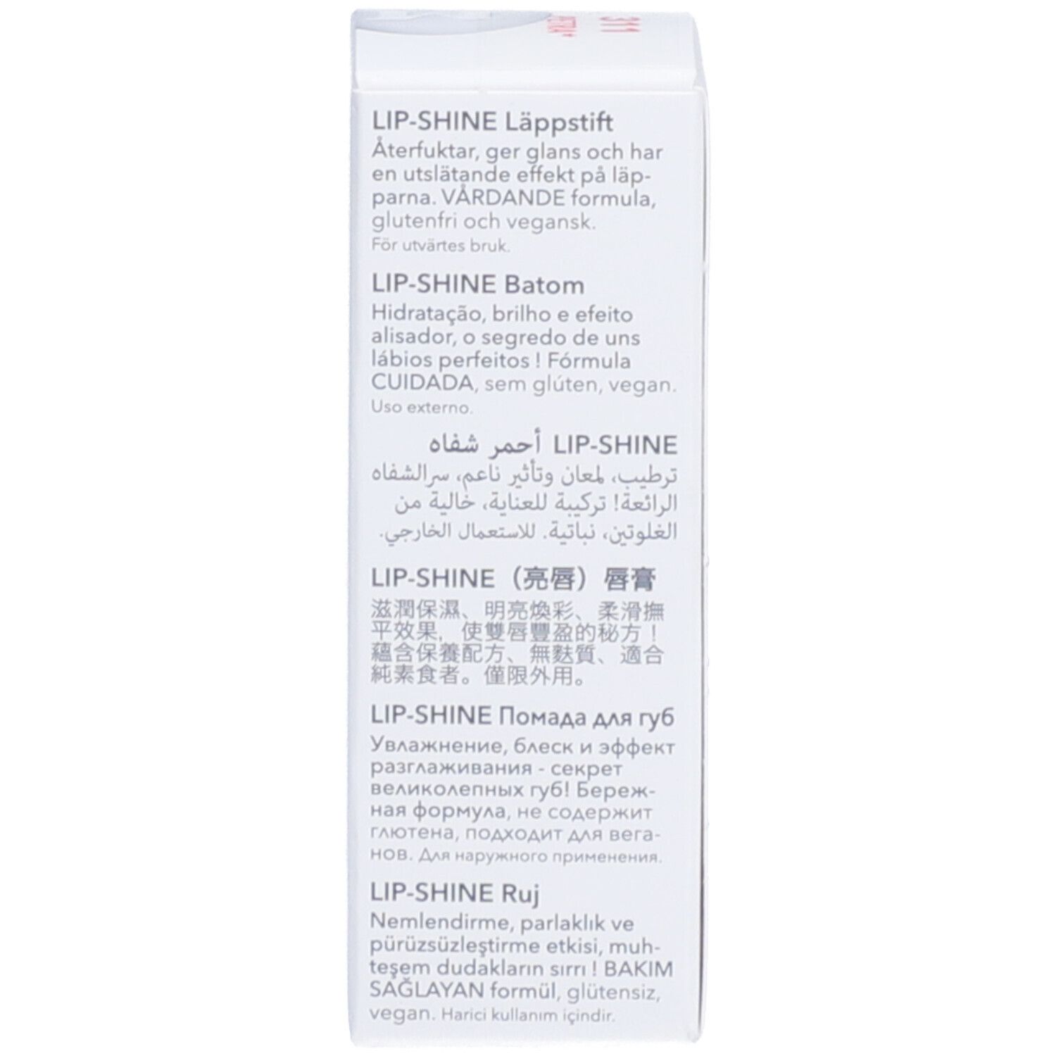 Text auf der weißen Verpackung in verschiedenen Sprachen, darunter 'LIP-SHINE'.